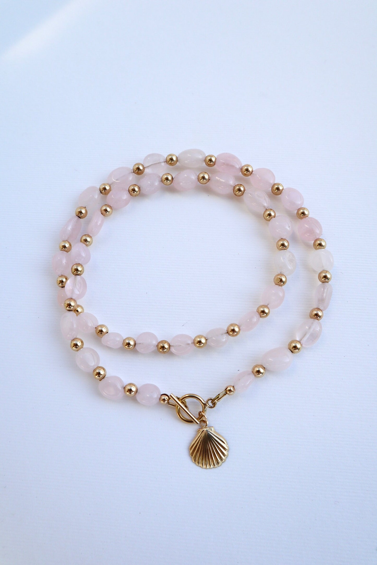 Rose Quartz Necklace | 14k Gold-Filled | Shell Pendant | OT Toggle - Nalika Jewelry