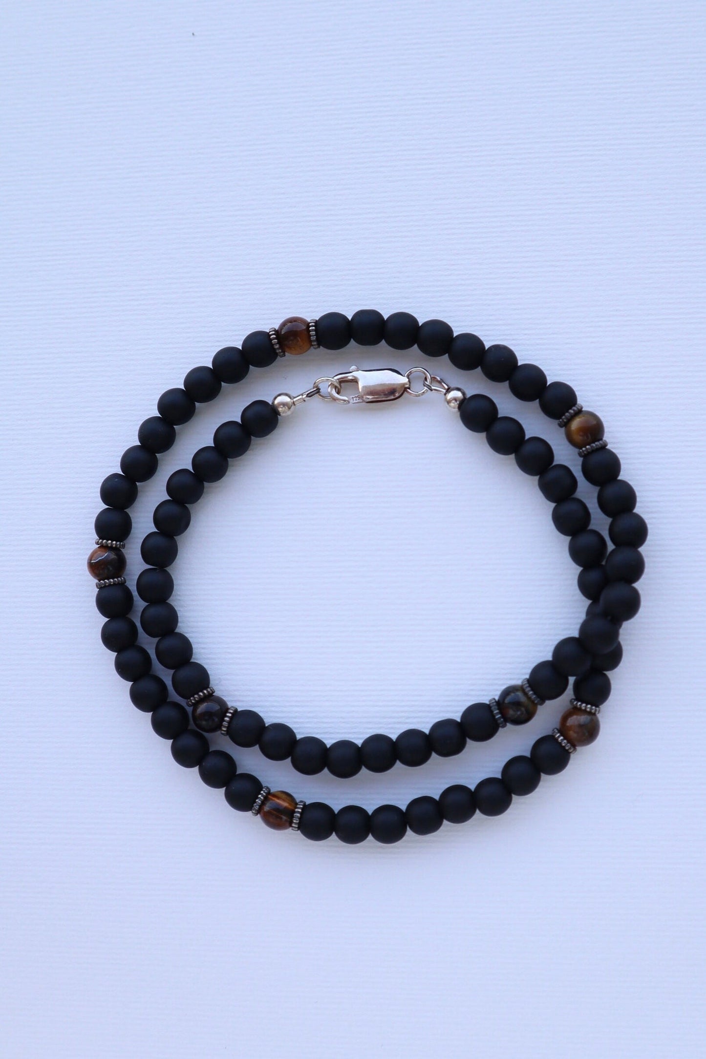 Mens Tiger’s Eye & matte Onyx beaded Necklace | 925 Sterling Silver - Nalika Jewelry