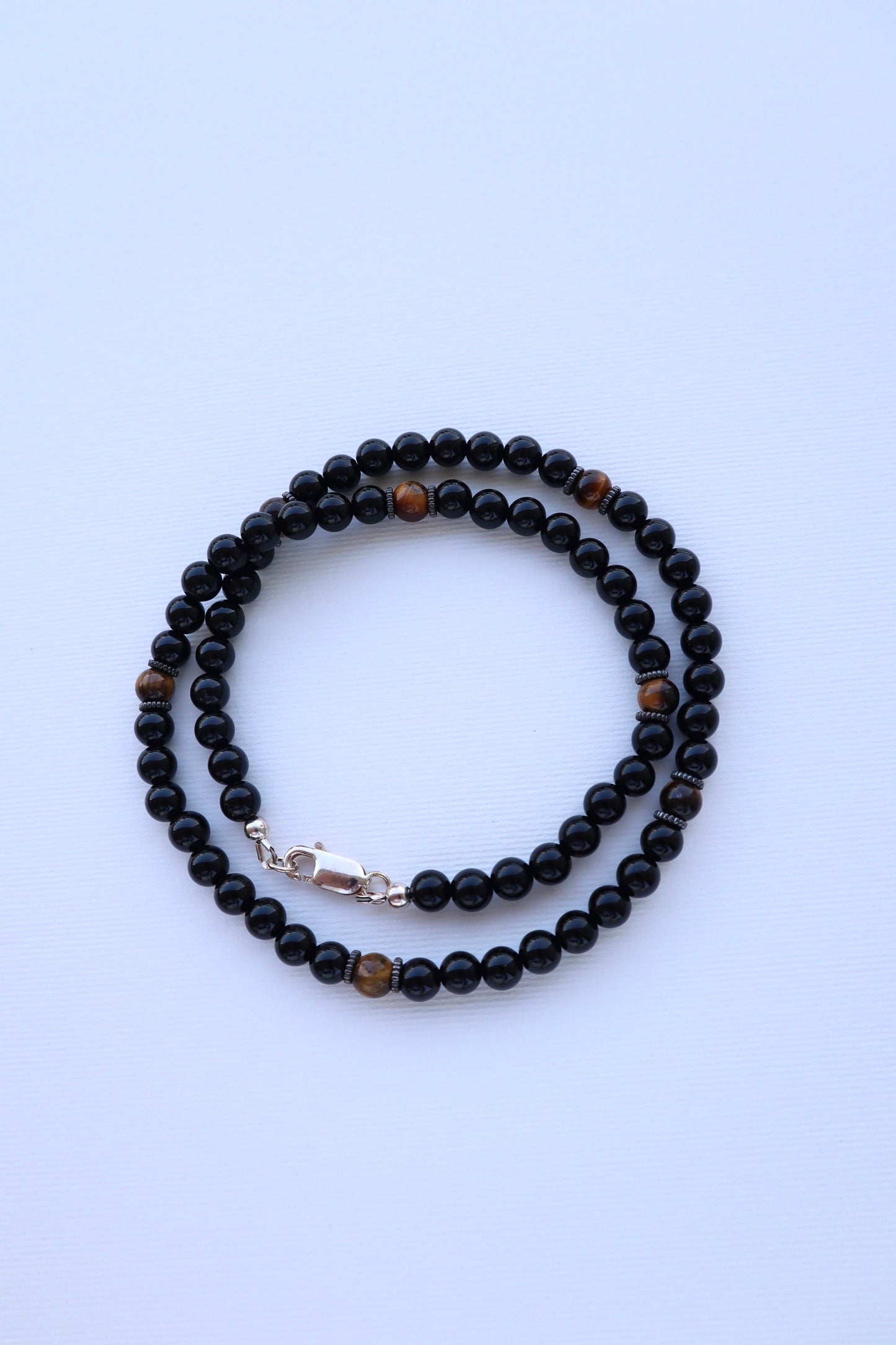 Mens Tiger’s Eye & shiny Onyx beaded Necklace | 925 Sterling Silver - Nalika Jewelry
