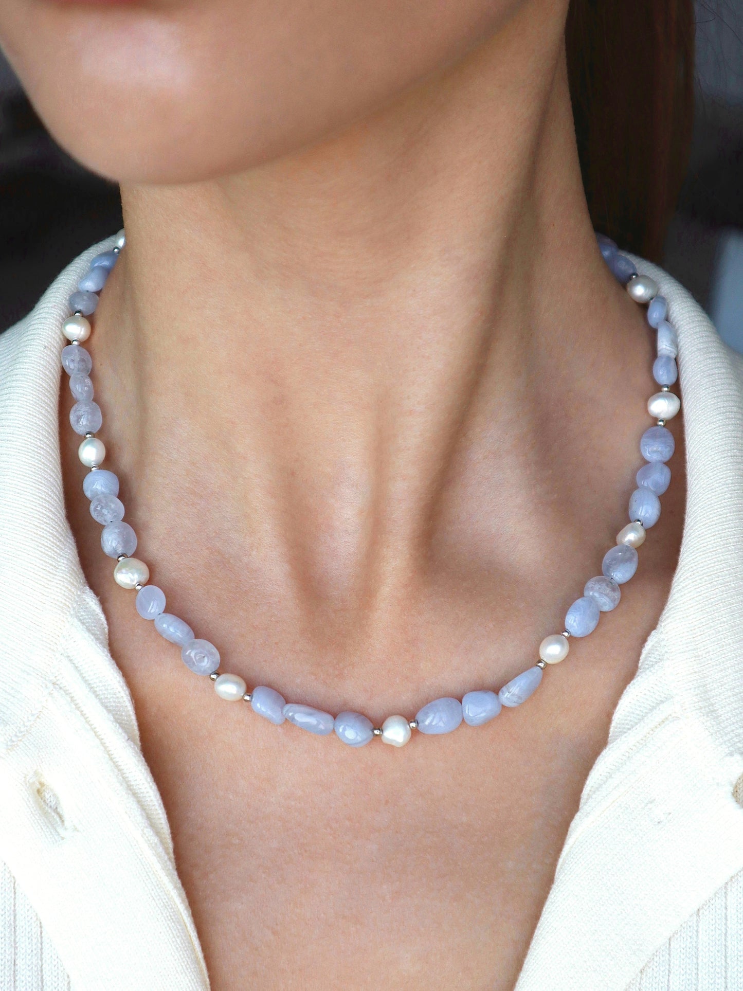 Blue Lace Agate Necklace | Freshwater Pearl | 925 Sterling Silver - Nalika Jewelry