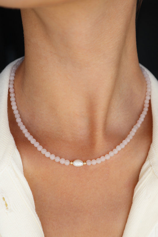Rose Quartz Necklace | Freshwater Pearl | 14k Gold-Filled