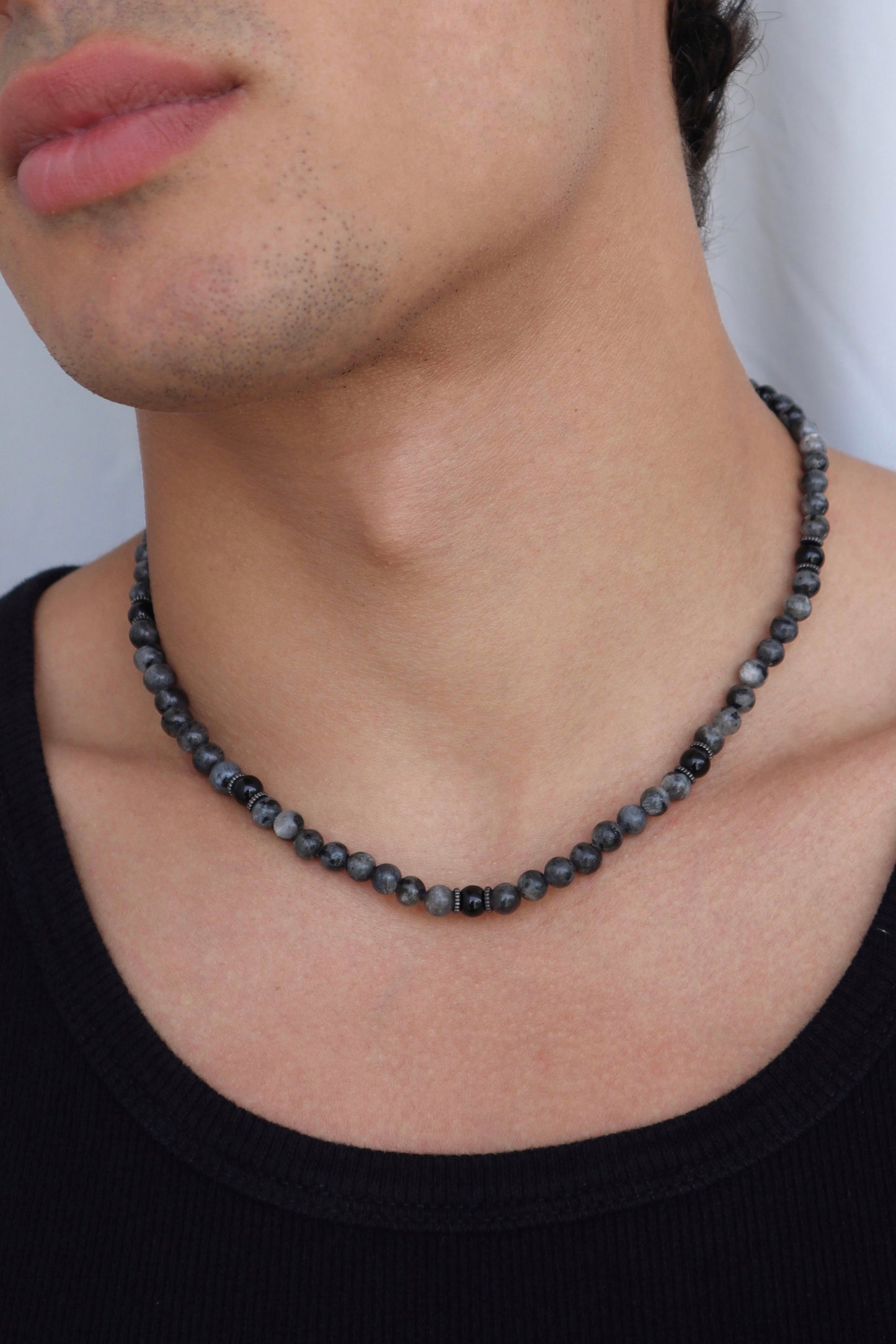 Mens Labradorite & Onyx beaded Necklace | 925 Sterling Silver