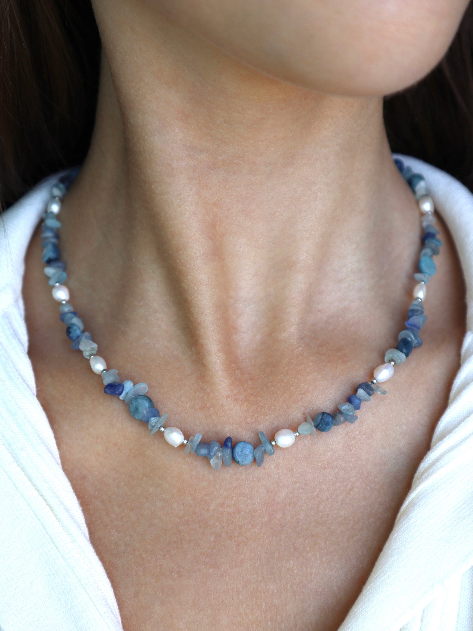 Aquamarine & Kyanite Necklace | Freshwater Pearls | 925 Sterling Silver - Nalika Jewelry