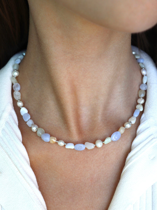 Blue Lace Agate & White Opal Necklace | Freshwater Pearl | 925 Sterling Silver - Nalika Jewelry