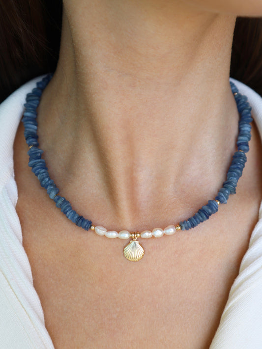 Kyanite Necklace | Freshwater Pearl | 14k Gold-Filled | Shell Pendant - Nalika Jewelry