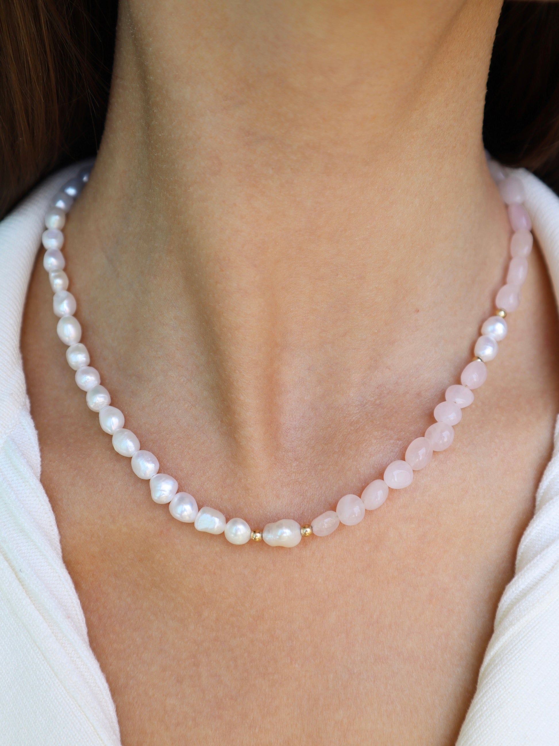 Rose Quartz Necklace | 14k Gold-Filled | Freshwater Pearl - Nalika Jewelry