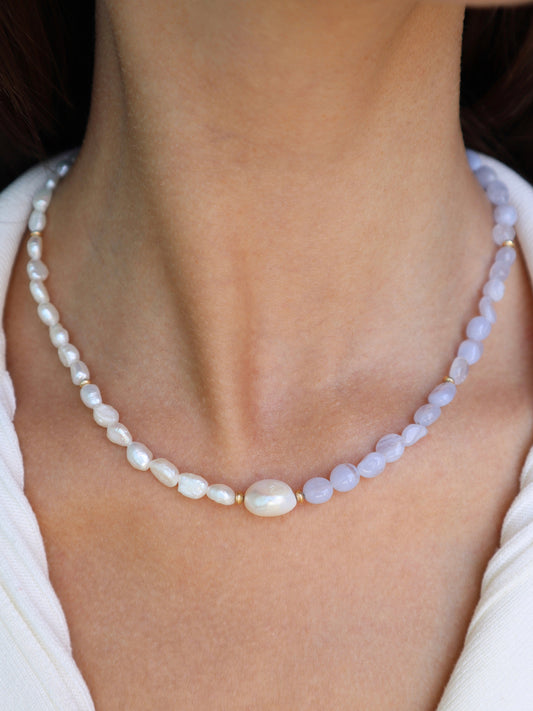 Blue Lace Agate Necklace | Freshwater Pearls | 14k Gold-Filled - Nalika Jewelry