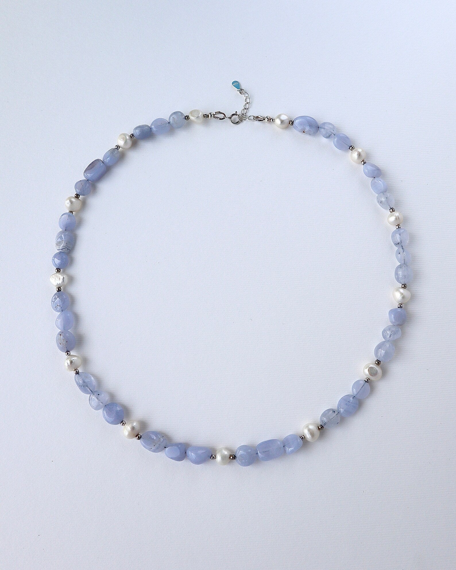 Blue Lace Agate Necklace | Freshwater Pearl | 925 Sterling Silver - Nalika Jewelry