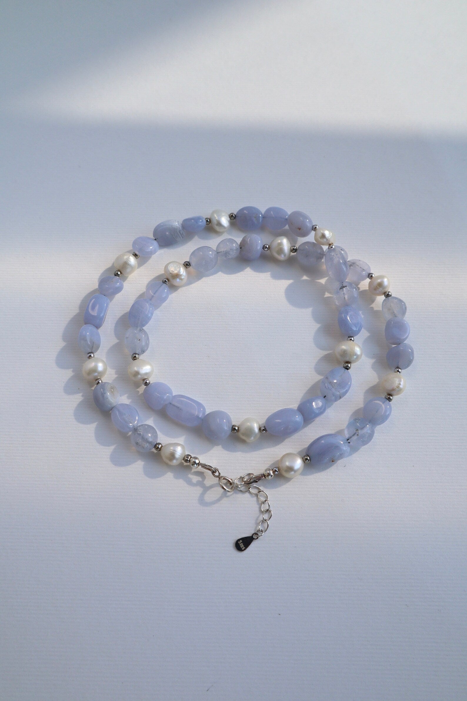 Blue Lace Agate Necklace | Freshwater Pearl | 925 Sterling Silver - Nalika Jewelry