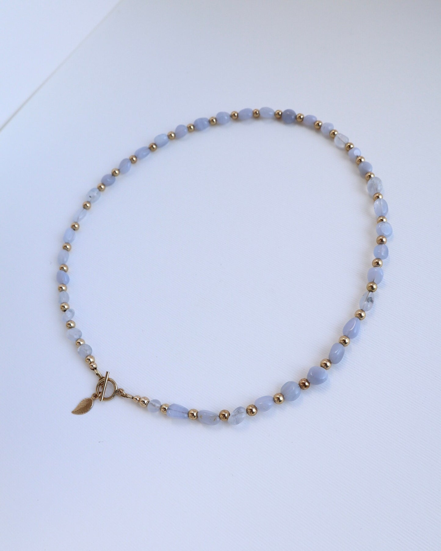 Blue Lace Agate Necklace | 14k gold filled | OT Toggle | Leaf Charm - Nalika Jewelry