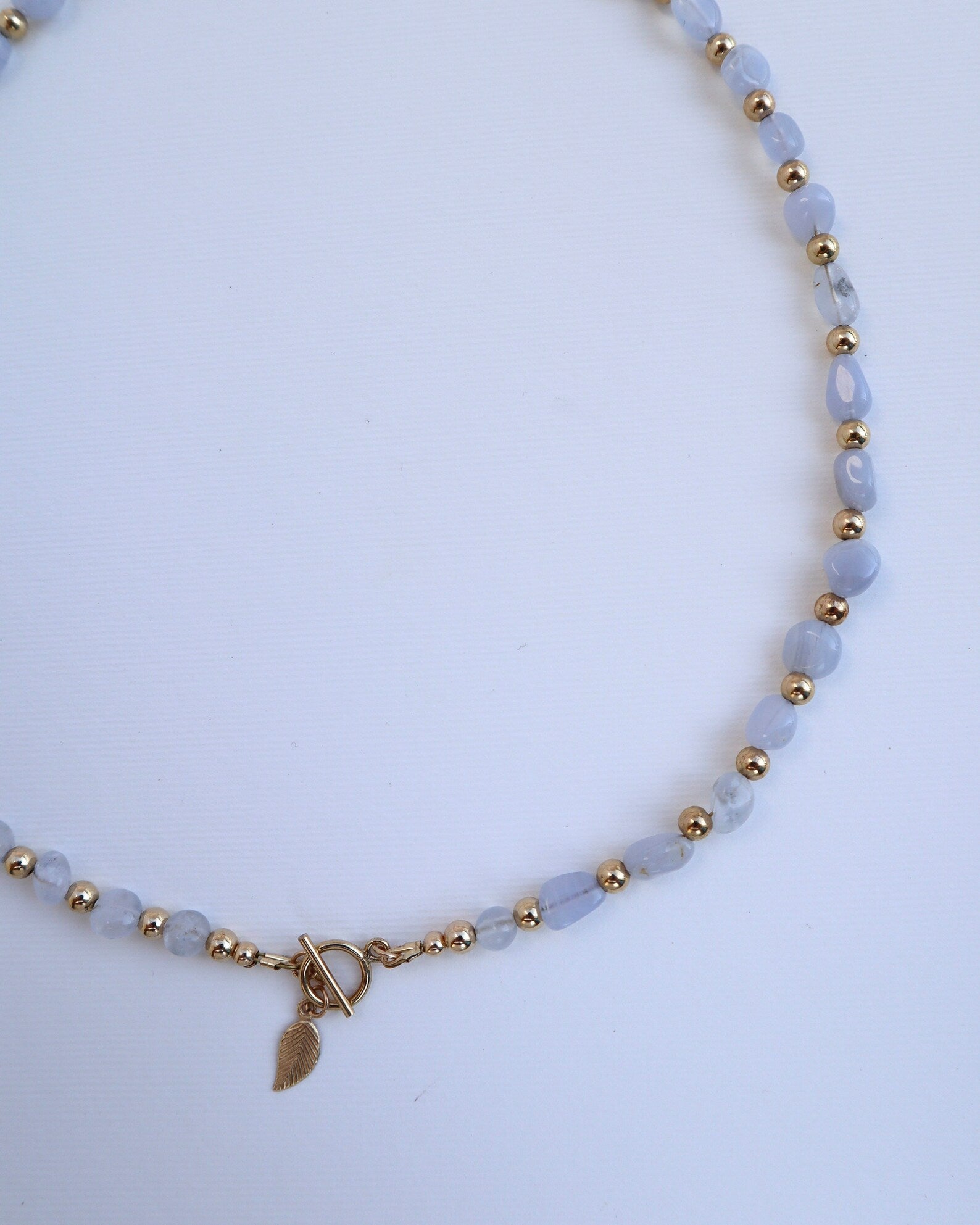 Blue Lace Agate Necklace | 14k gold filled | OT Toggle | Leaf Charm - Nalika Jewelry