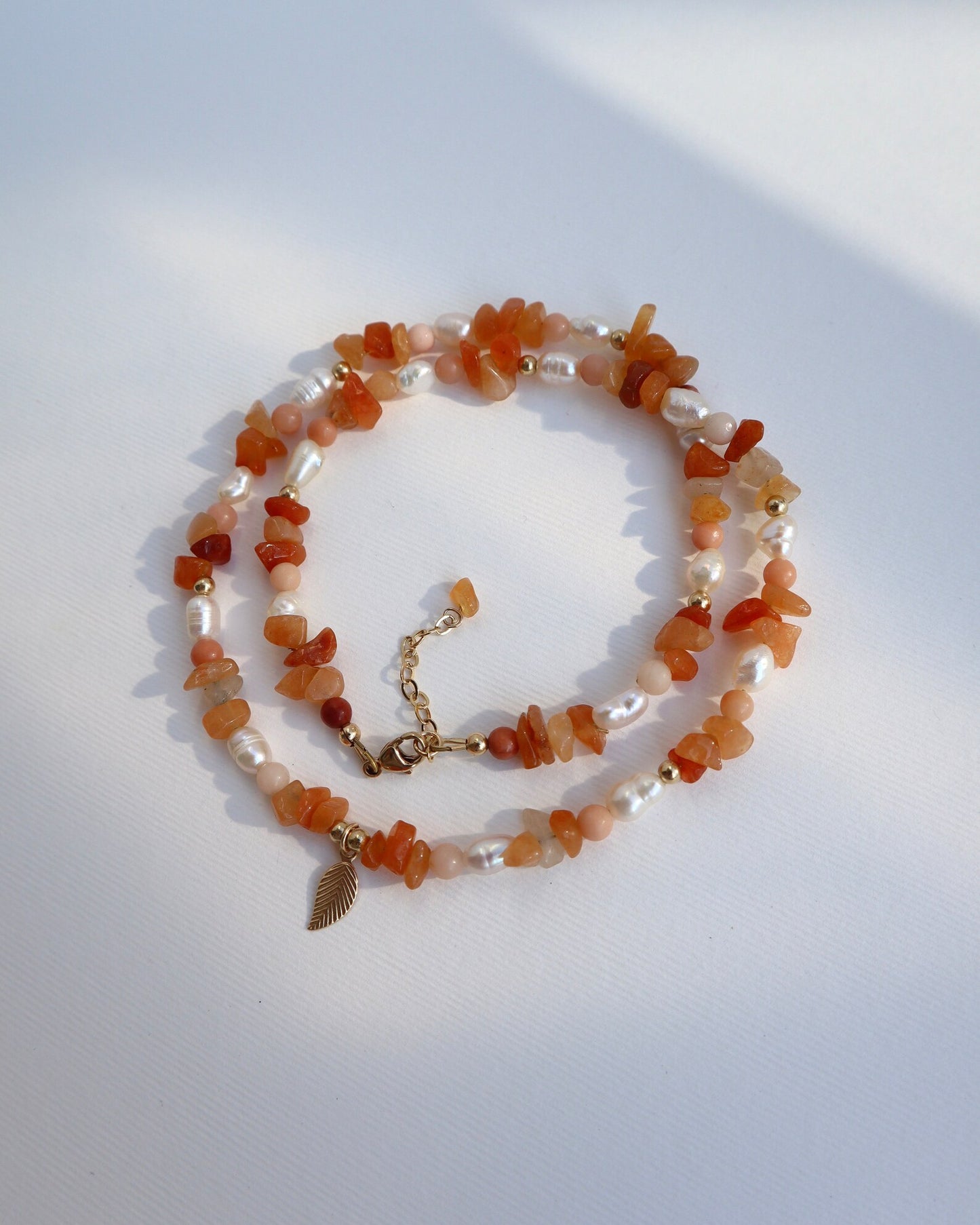 Red Aventurine Necklace | Freshwater Pearl | 14k Gold-Filled | Leaf Charm - Nalika Jewelry