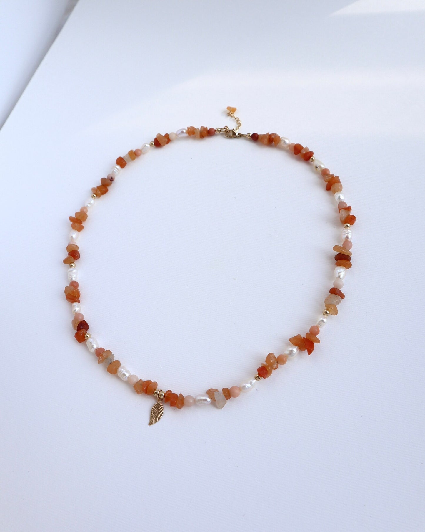 Red Aventurine Necklace | Freshwater Pearl | 14k Gold-Filled | Leaf Charm - Nalika Jewelry