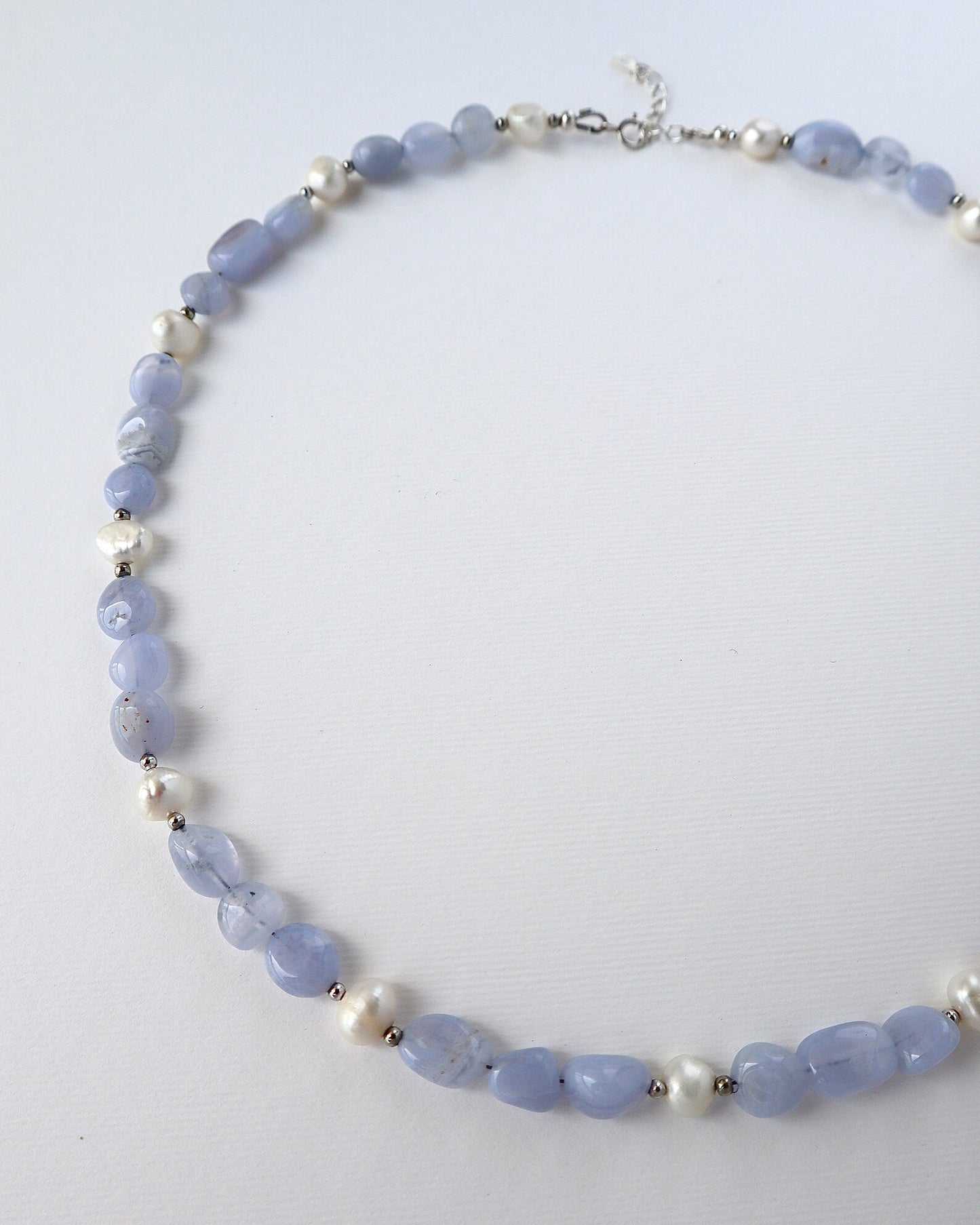 Blue Lace Agate Necklace | Freshwater Pearl | 925 Sterling Silver - Nalika Jewelry