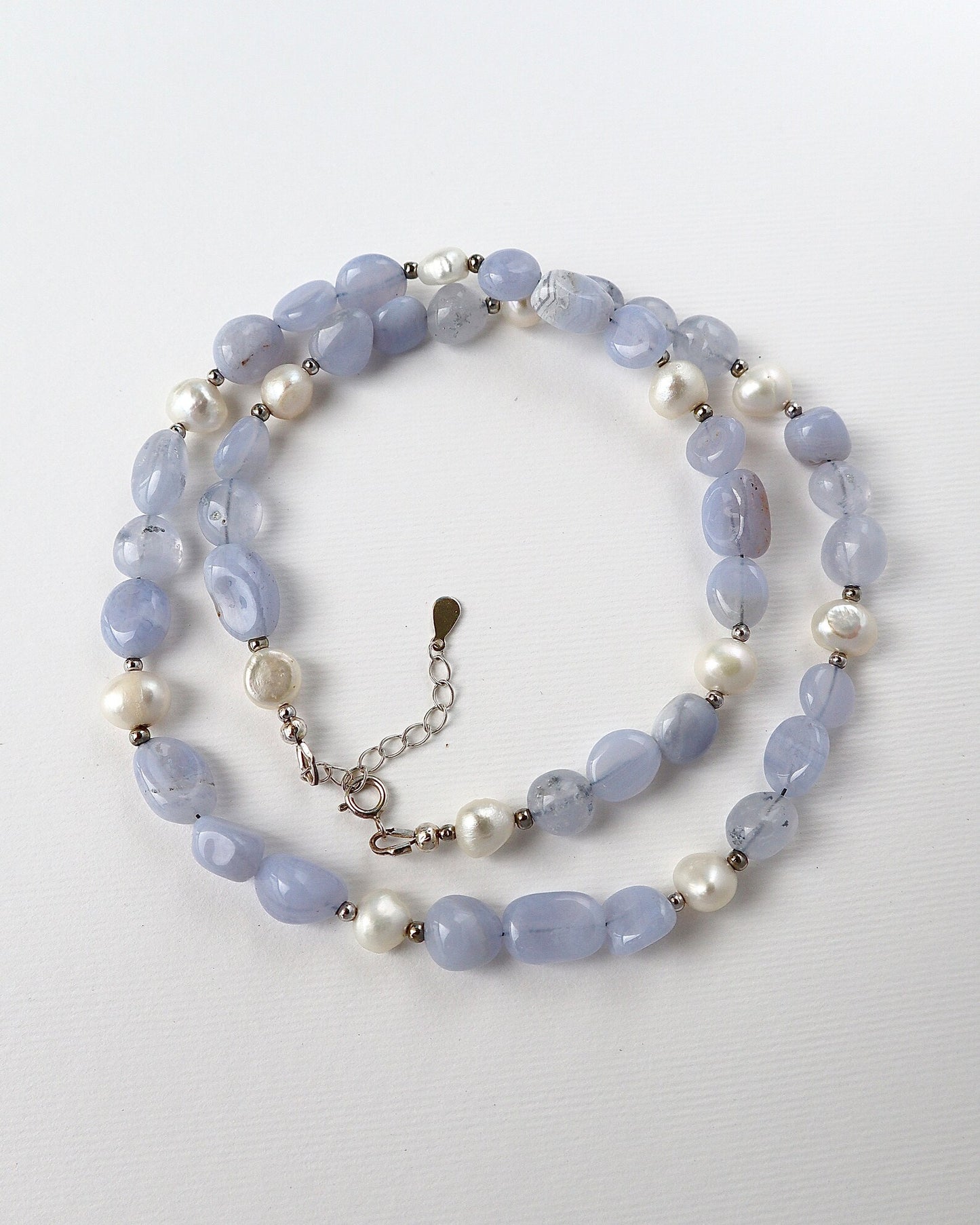 Blue Lace Agate Necklace | Freshwater Pearl | 925 Sterling Silver - Nalika Jewelry