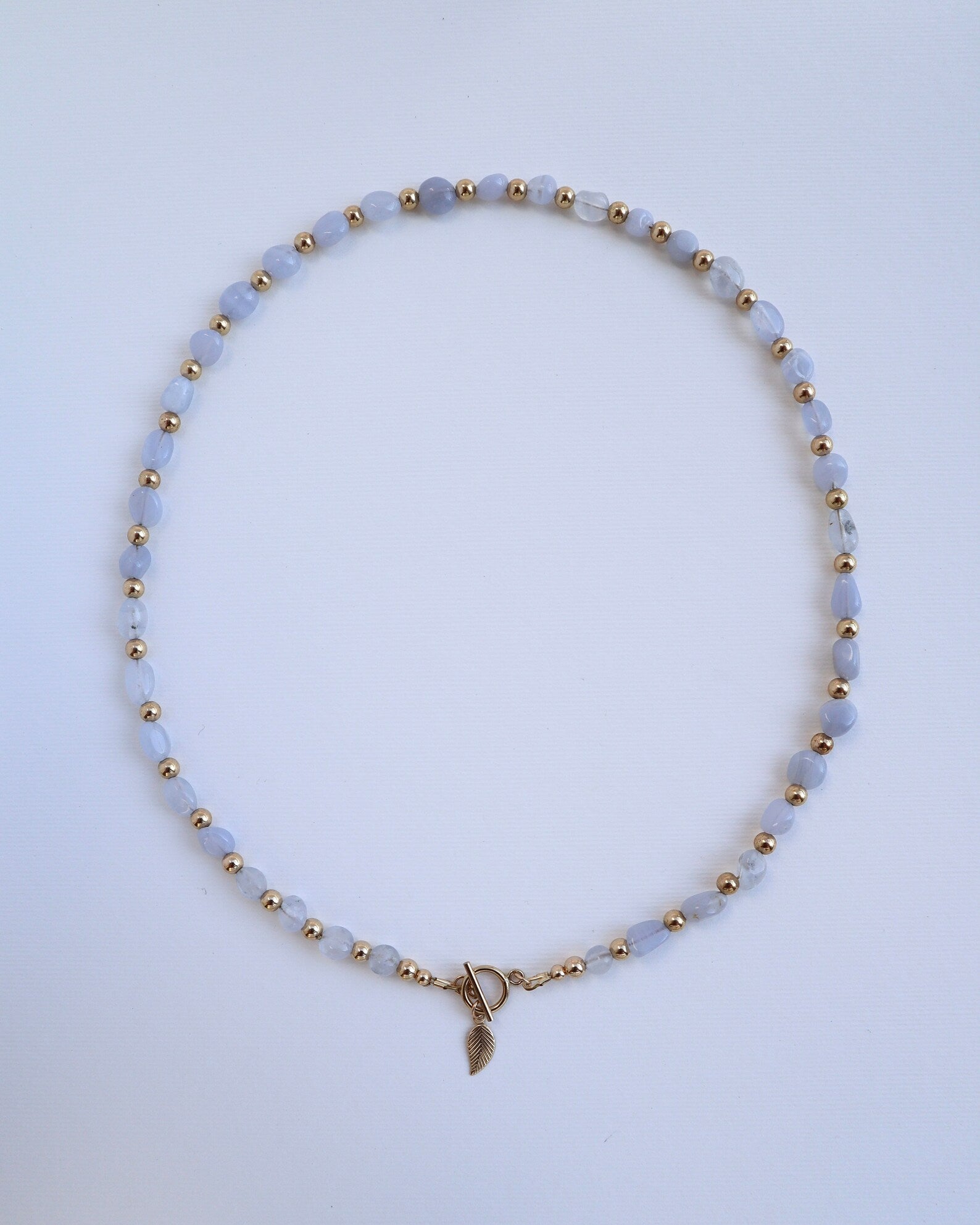 Blue Lace Agate Necklace | 14k gold filled | OT Toggle | Leaf Charm - Nalika Jewelry