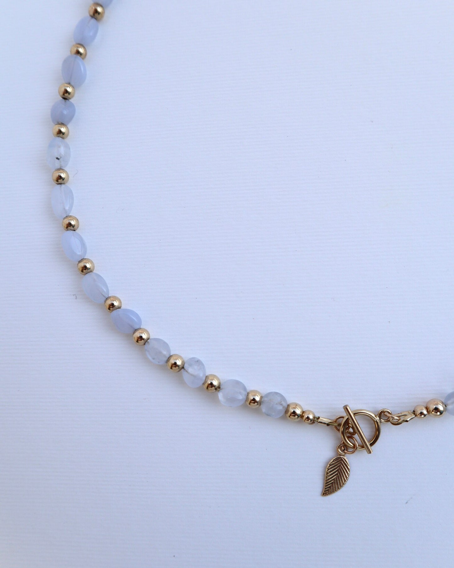 Blue Lace Agate Necklace | 14k gold filled | OT Toggle | Leaf Charm - Nalika Jewelry