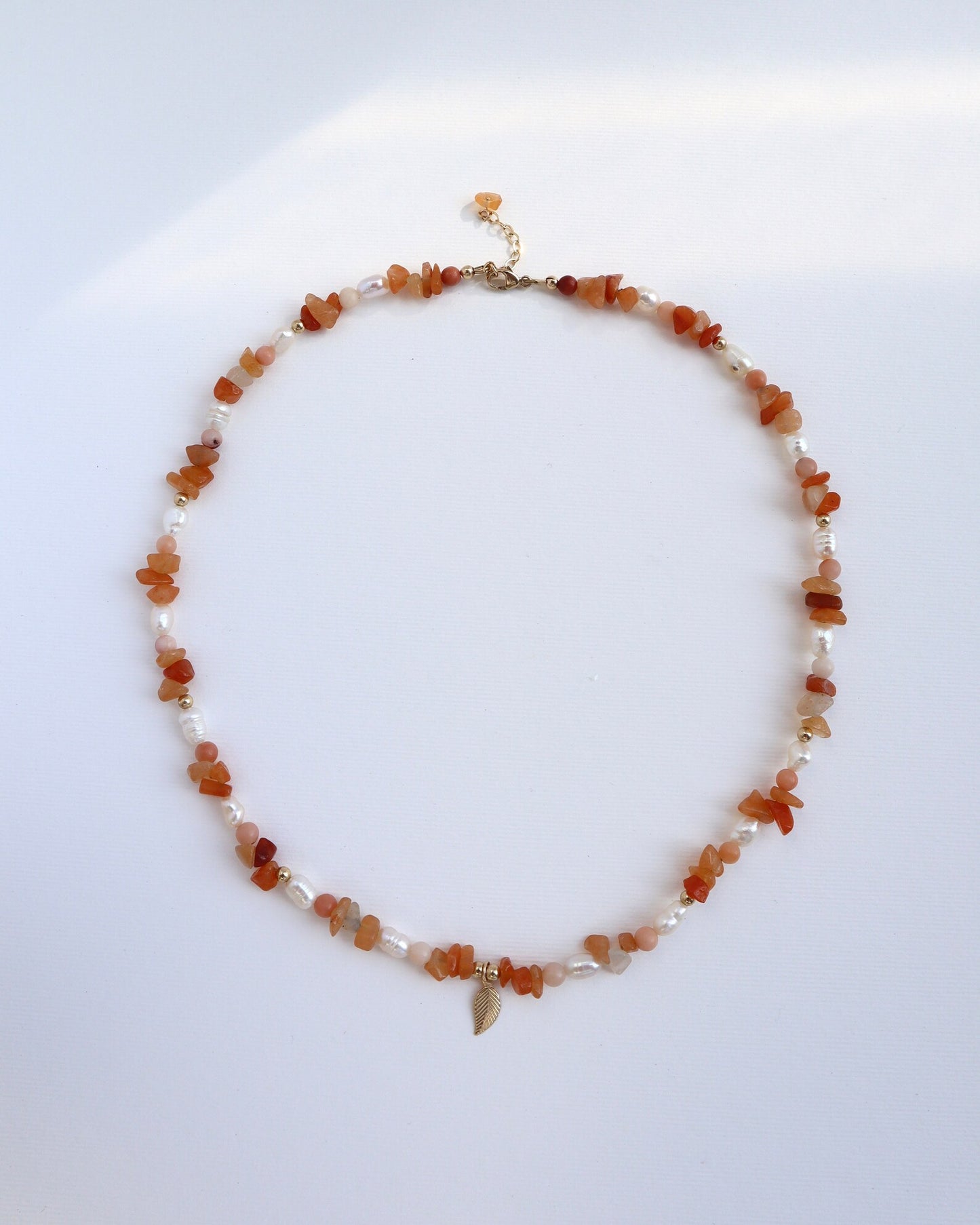 Red Aventurine Necklace | Freshwater Pearl | 14k Gold-Filled | Leaf Charm - Nalika Jewelry