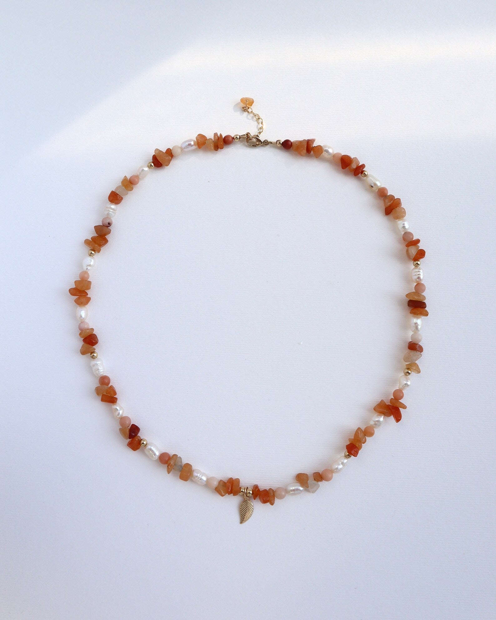 Red Aventurine Necklace | Freshwater Pearl | 14k Gold-Filled | Leaf Charm - Nalika Jewelry