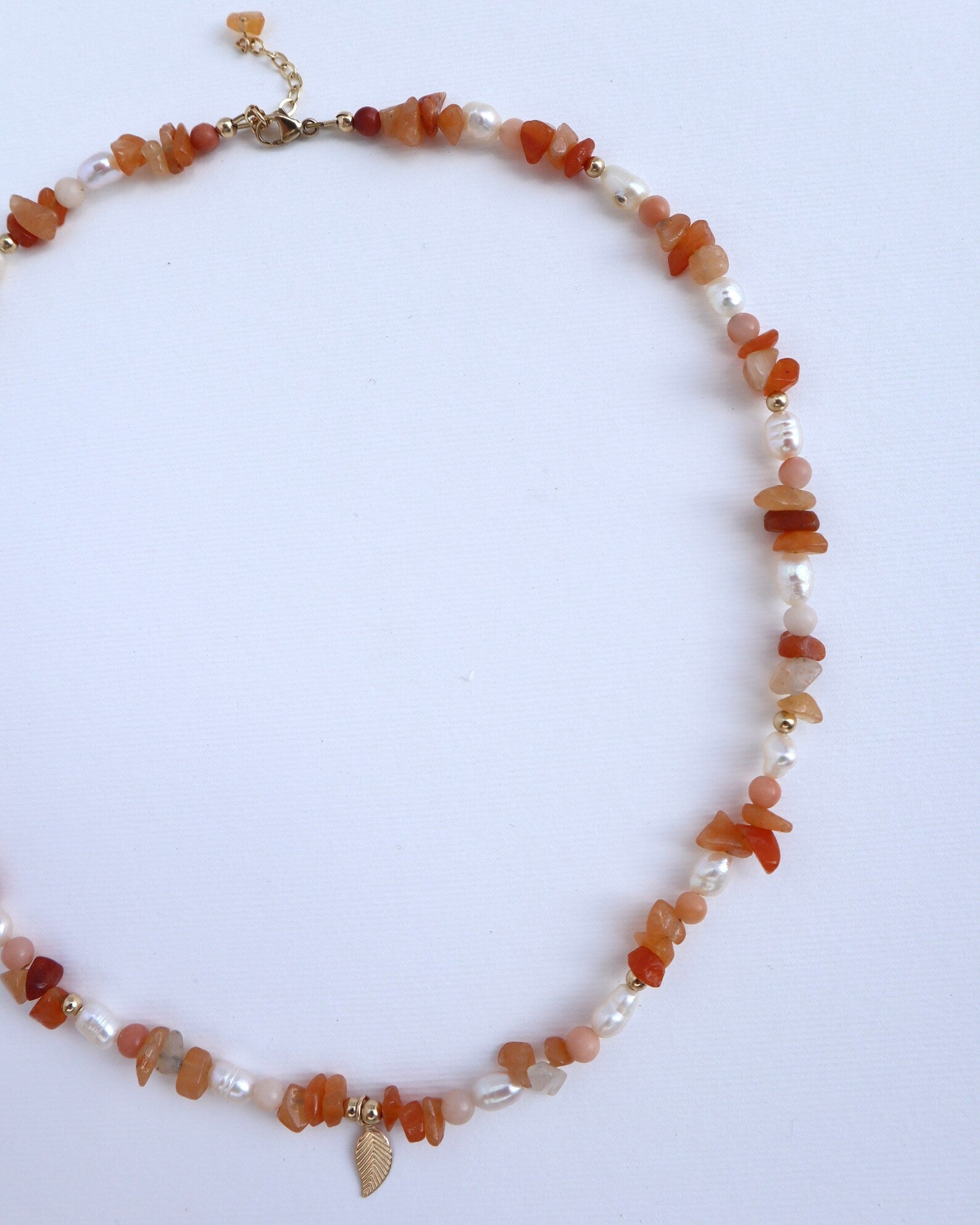 Red Aventurine Necklace | Freshwater Pearl | 14k Gold-Filled | Leaf Charm - Nalika Jewelry