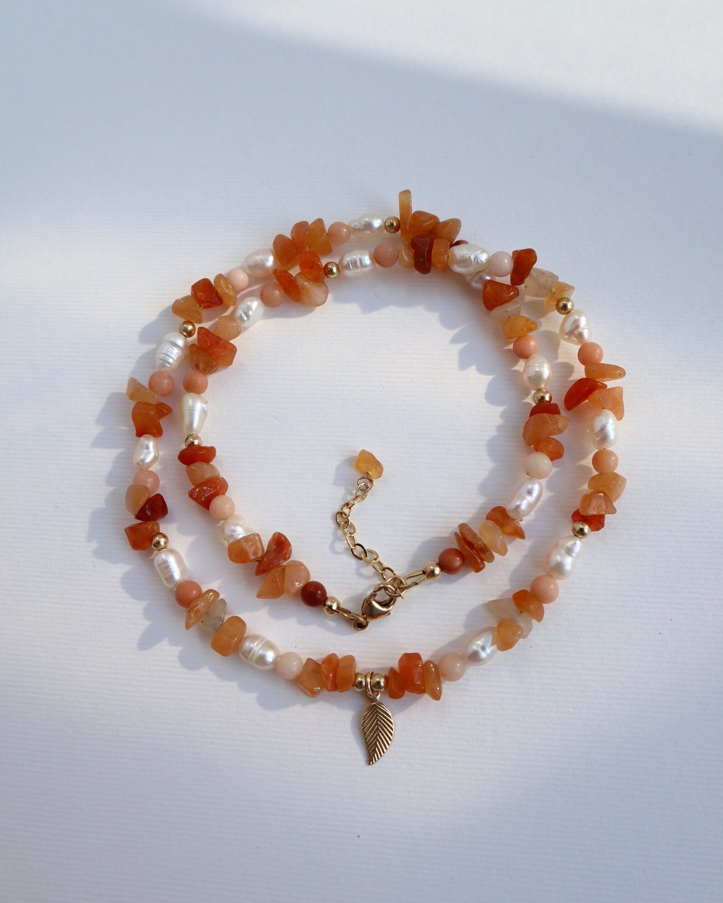 Red Aventurine Necklace | Freshwater Pearl | 14k Gold-Filled | Leaf Charm - Nalika Jewelry