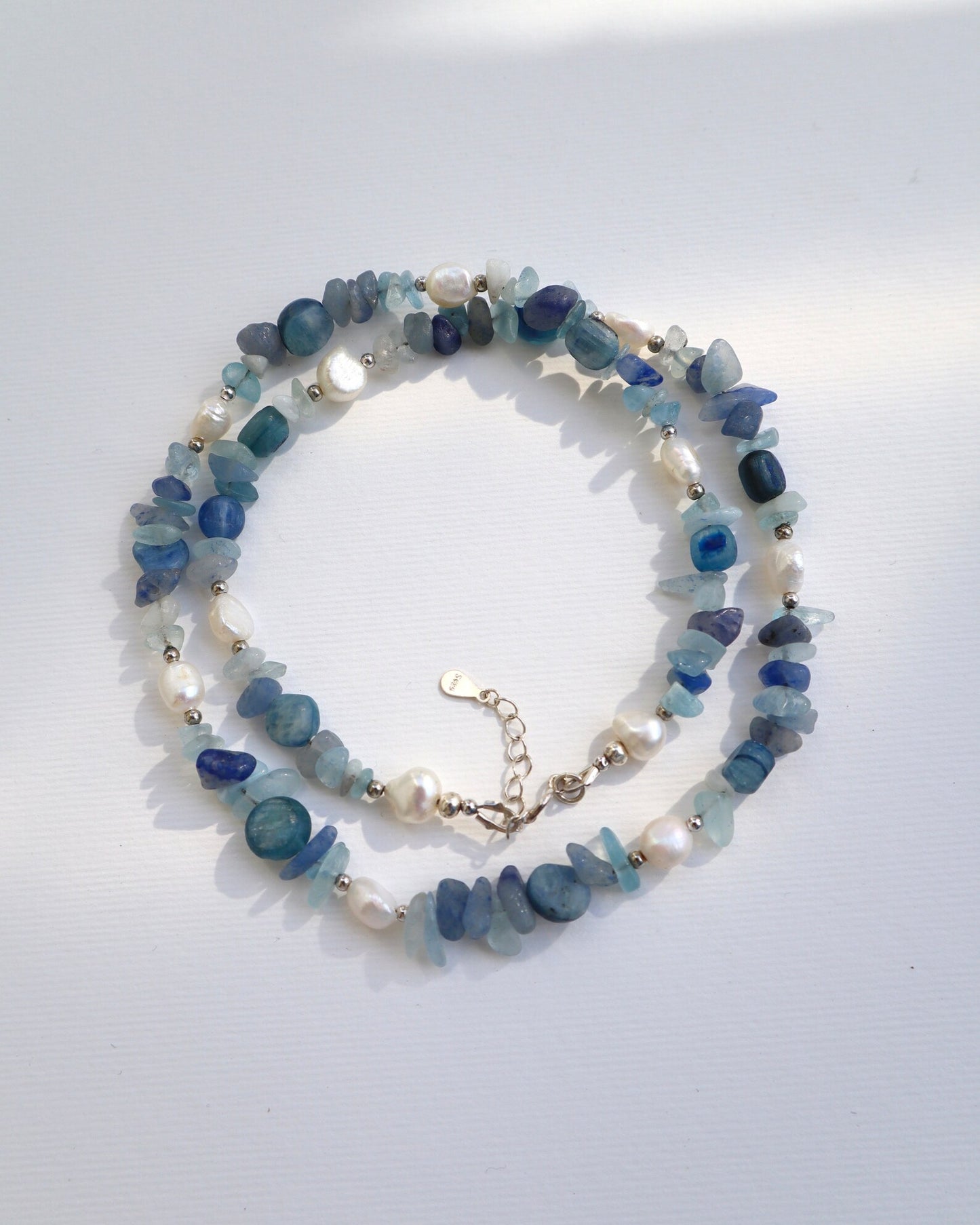 Aquamarine & Kyanite Necklace | Freshwater Pearls | 925 Sterling Silver - Nalika Jewelry