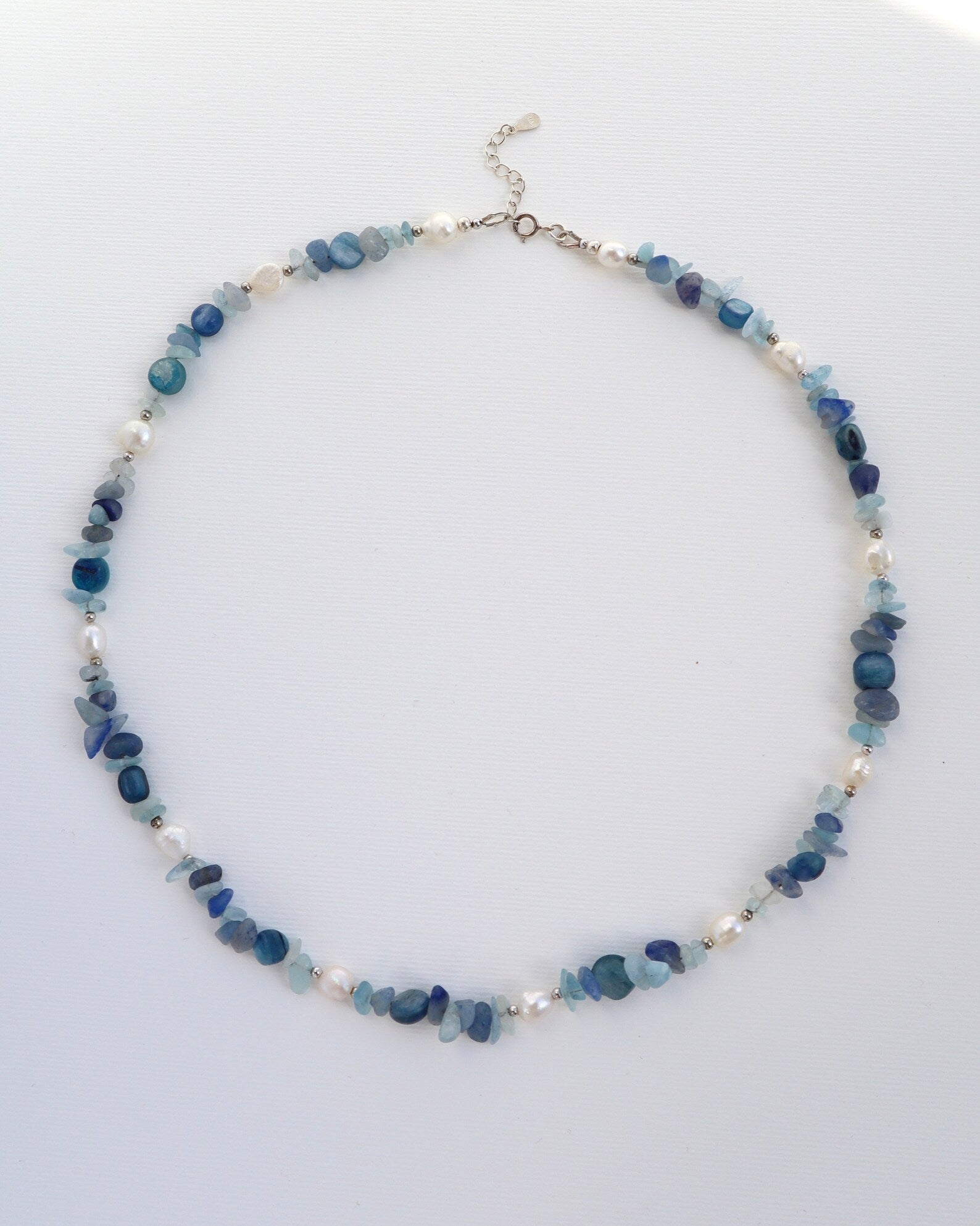 Aquamarine & Kyanite Necklace | Freshwater Pearls | 925 Sterling Silver - Nalika Jewelry