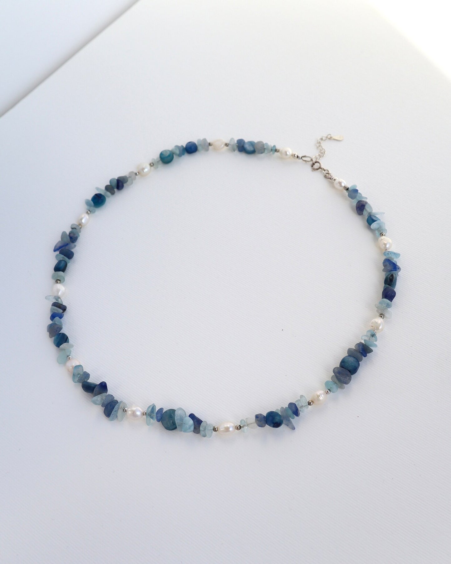 Aquamarine & Kyanite Necklace | Freshwater Pearls | 925 Sterling Silver - Nalika Jewelry