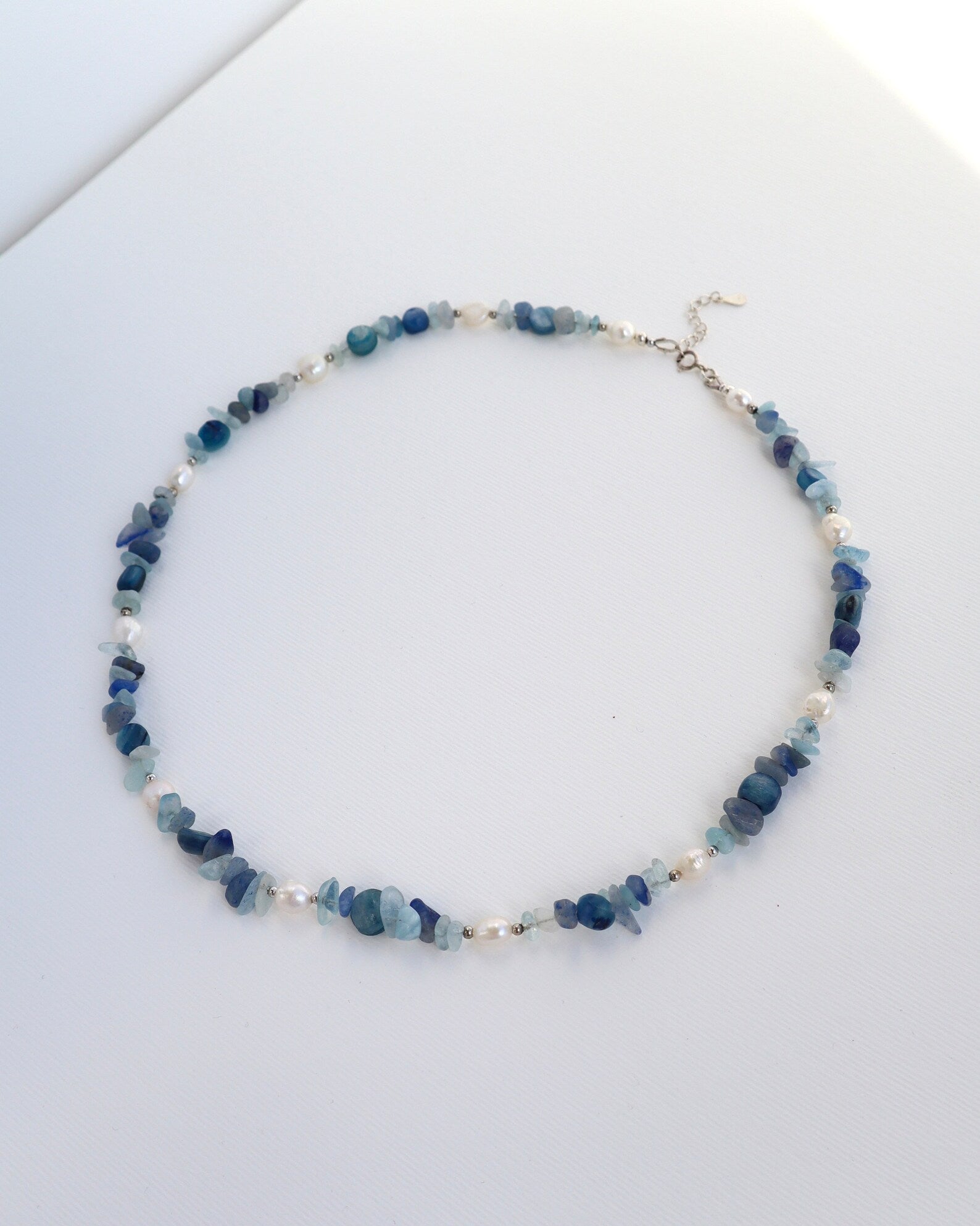 Aquamarine & Kyanite Necklace | Freshwater Pearls | 925 Sterling Silver - Nalika Jewelry