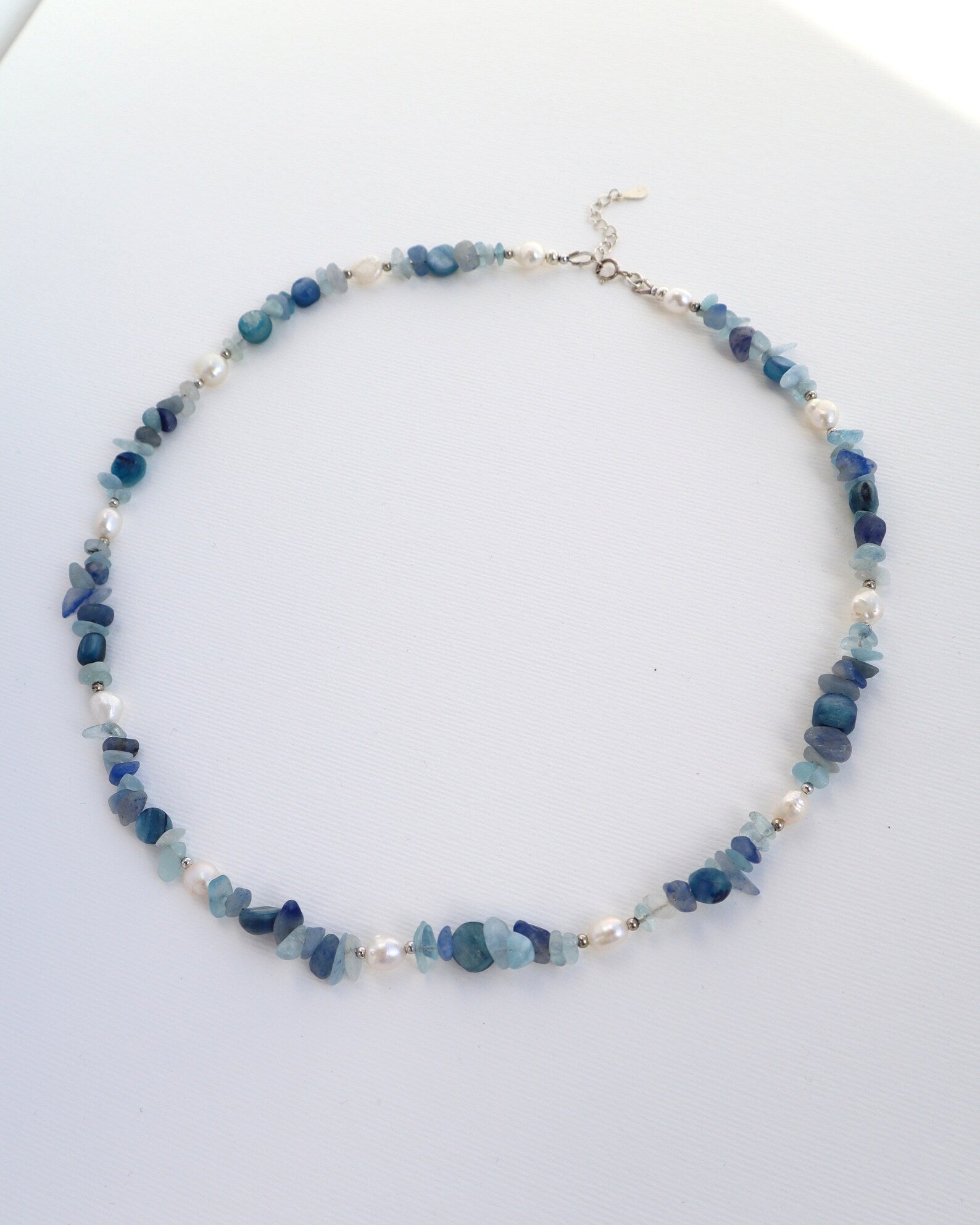 Aquamarine & Kyanite Necklace | Freshwater Pearls | 925 Sterling Silver - Nalika Jewelry