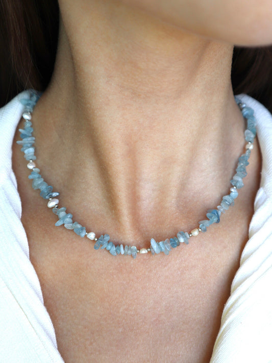 Aquamarine Necklace | Freshwater Pearls | 925 Sterling Silver - Nalika Jewelry