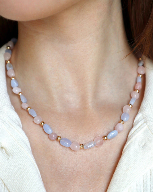 Rose Quartz & Blue Lace Agate Necklace | 14k Gold-Filled - Nalika Jewelry