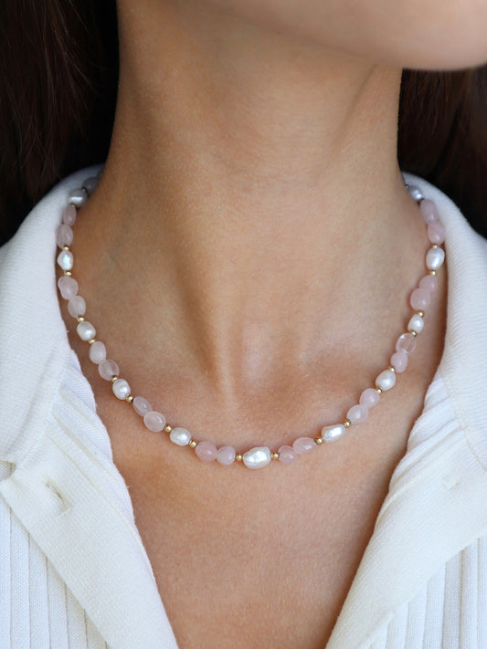 Rose Quartz Necklace | Freshwater Pearl | 14k Gold-Filled - Nalika Jewelry