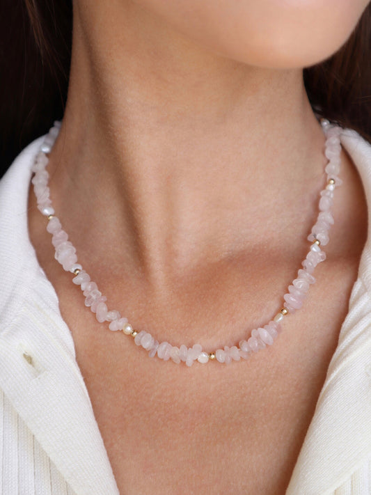 Rose Quartz Necklace | Freshwater Pearl | 14k Gold-Filled - Nalika Jewelry