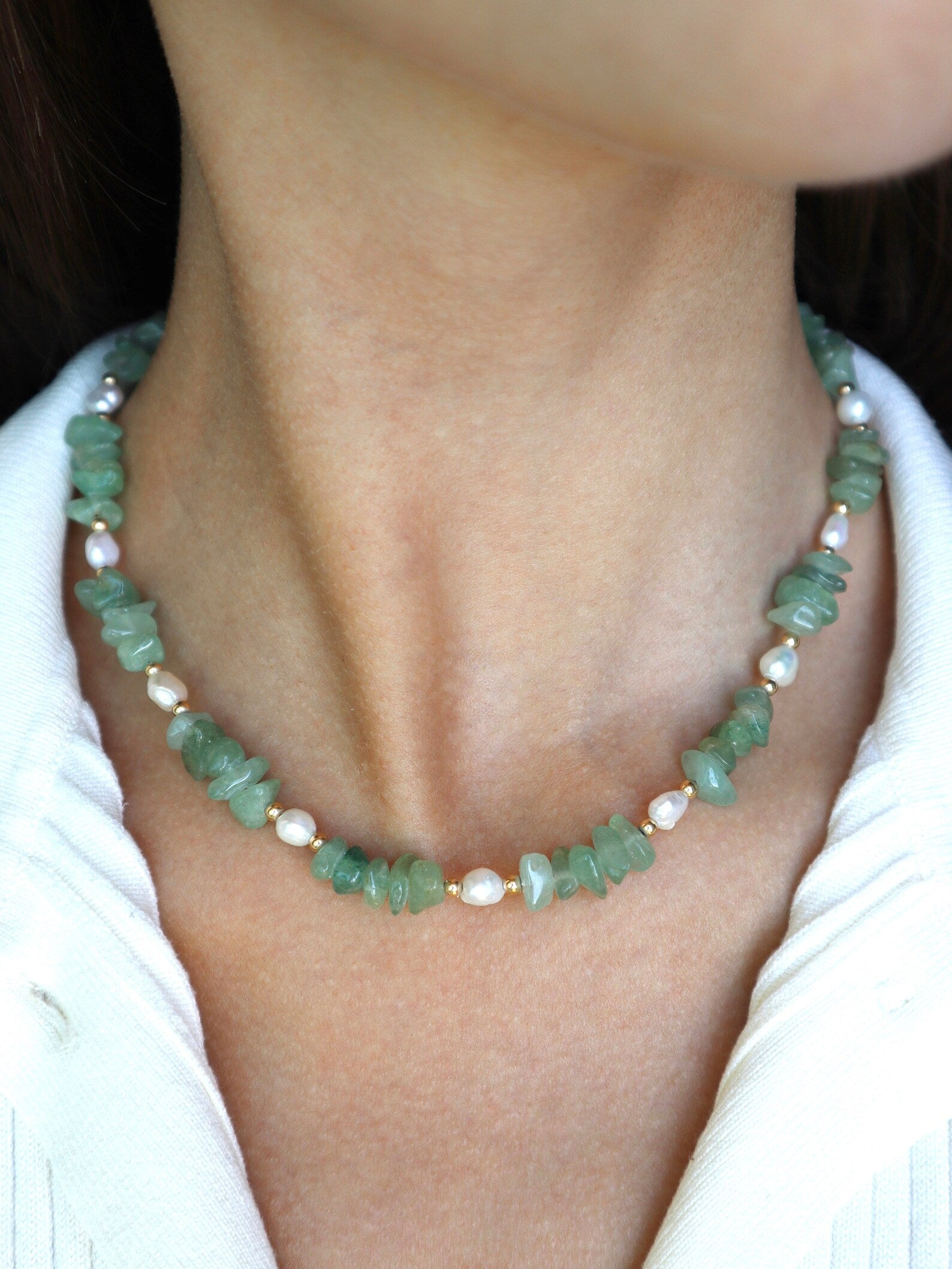 Green Aventurine Necklace | Freshwater Pearl | 14K Gold-Filled - Nalika Jewelry