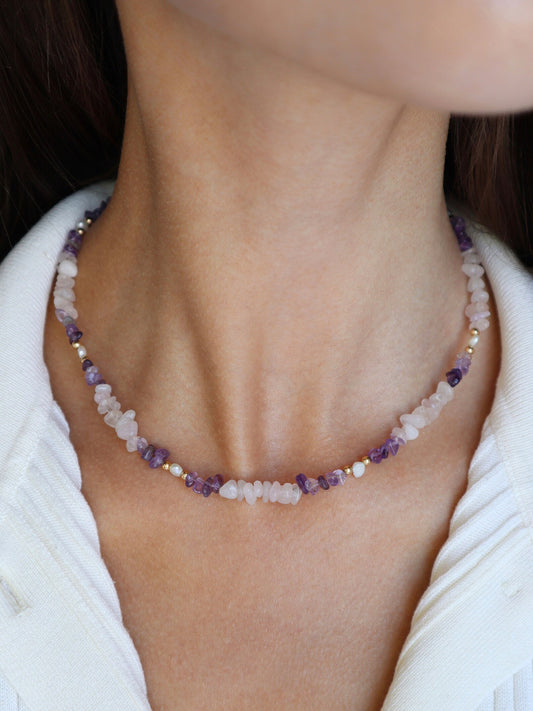 Rose Quartz & Amethyst Necklace | Freshwater Pearls | 14K Gold-Filled - Nalika Jewelry