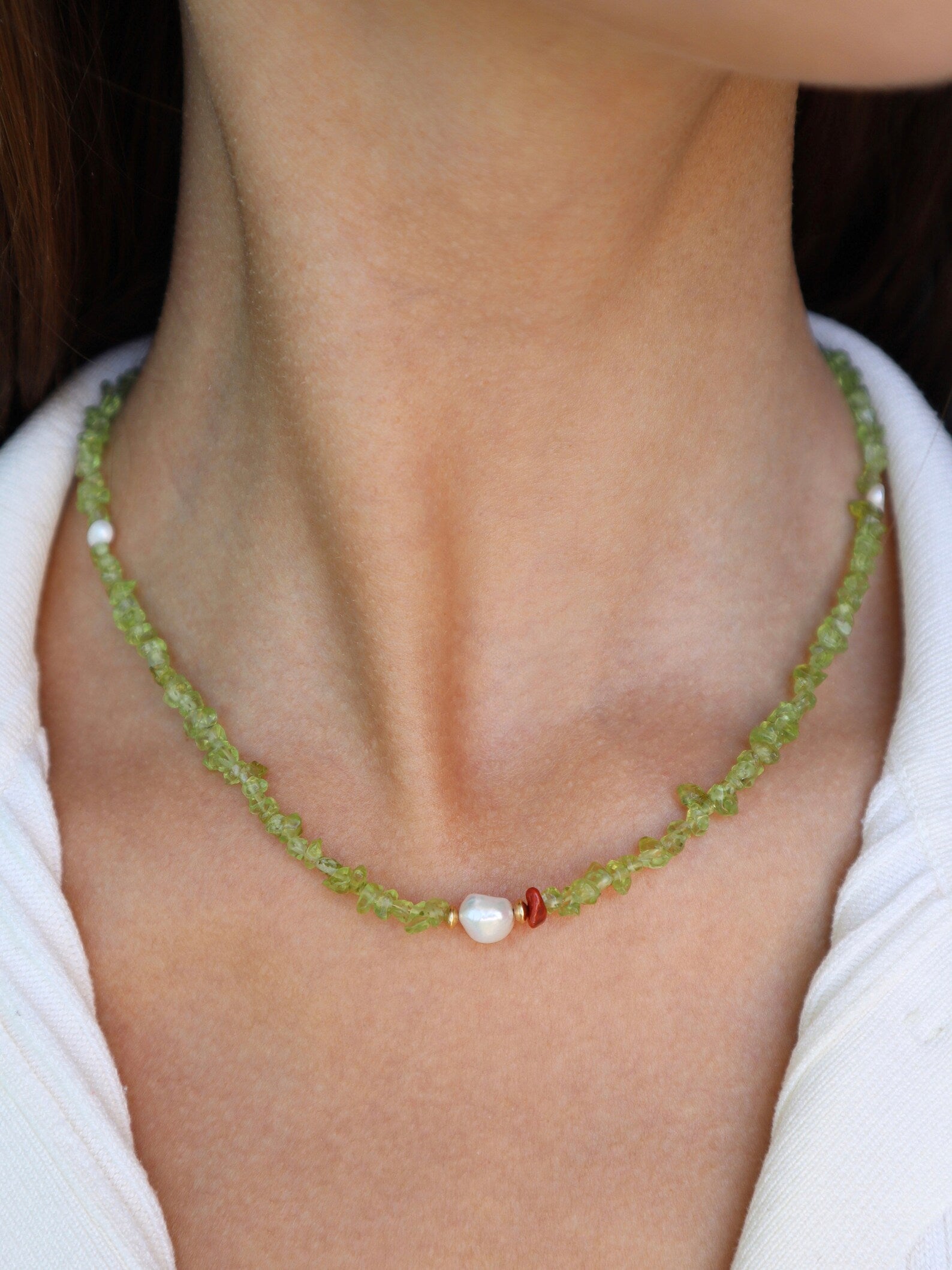 Peridot Necklace | Freshwater Pearl | Red Agate | 14k Gold-Filled - Nalika Jewelry