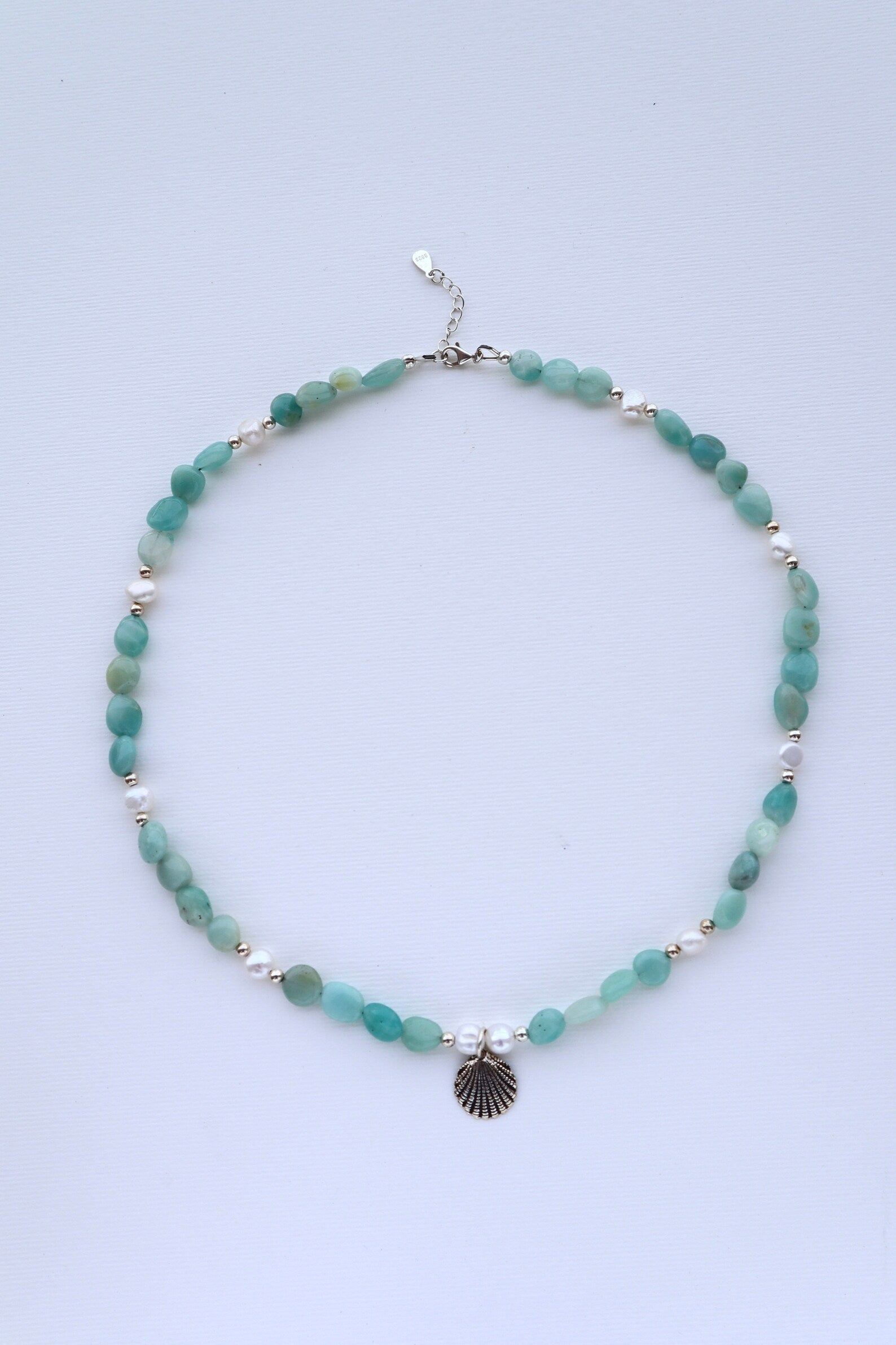 Amazonite Necklace | 925 Sterling Silver | Freshwater Pearl Shell | Pendant - Nalika Jewelry