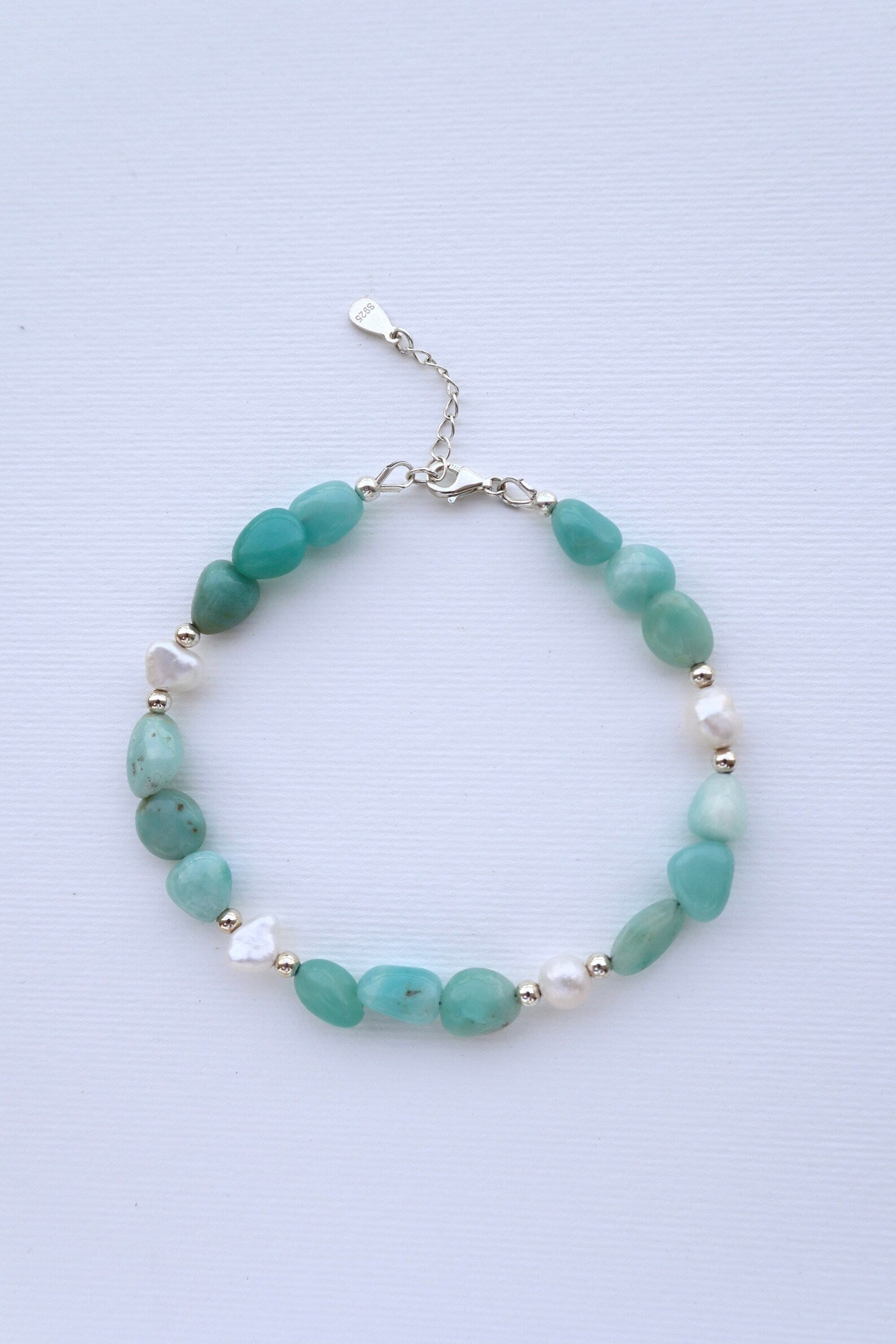 Amazonite Bracelet | 925 Sterling Silver | Freshwater Pearl - Nalika Jewelry