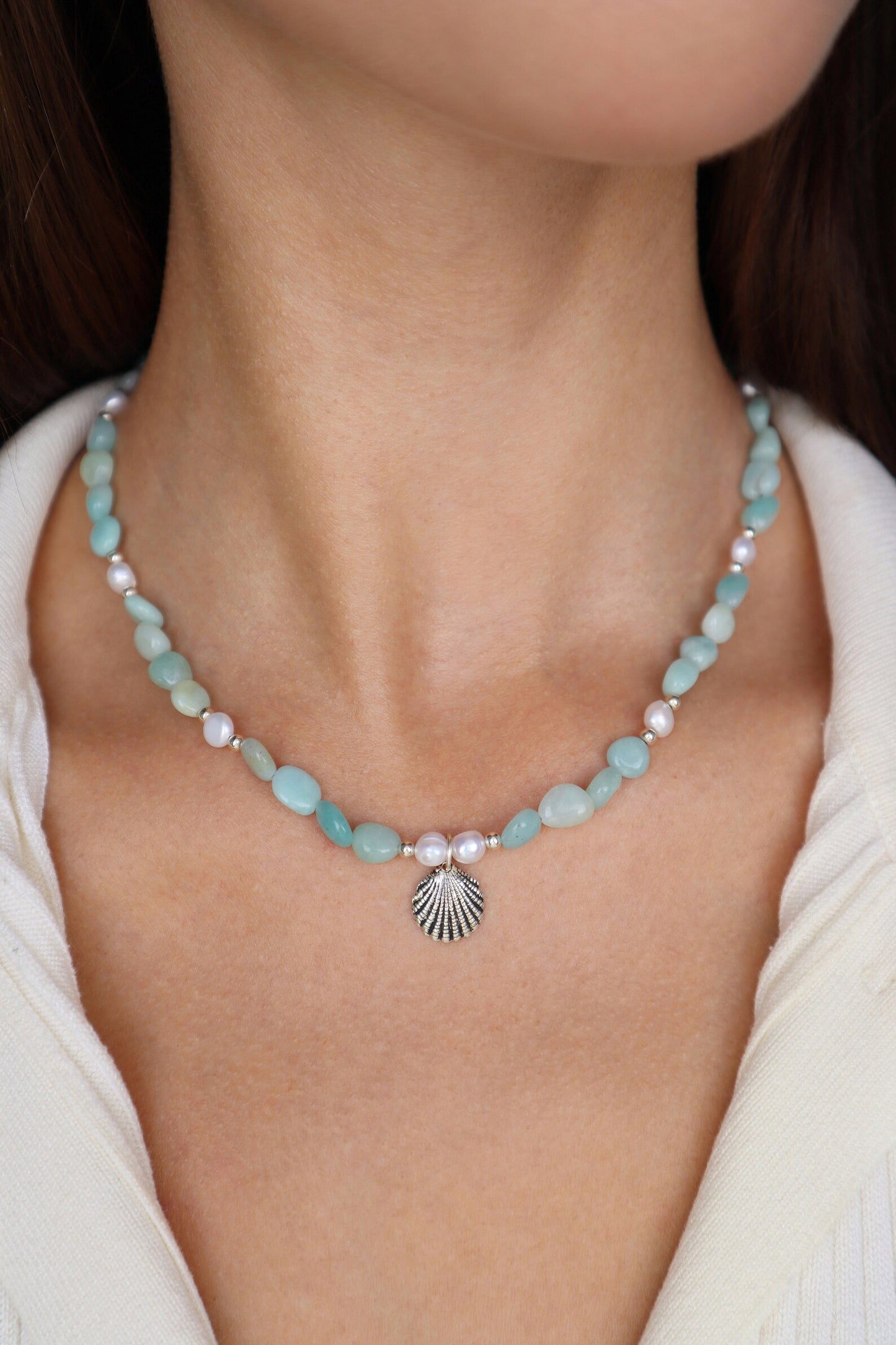 Amazonite Necklace | 925 Sterling Silver | Freshwater Pearl Shell | Pendant - Nalika Jewelry