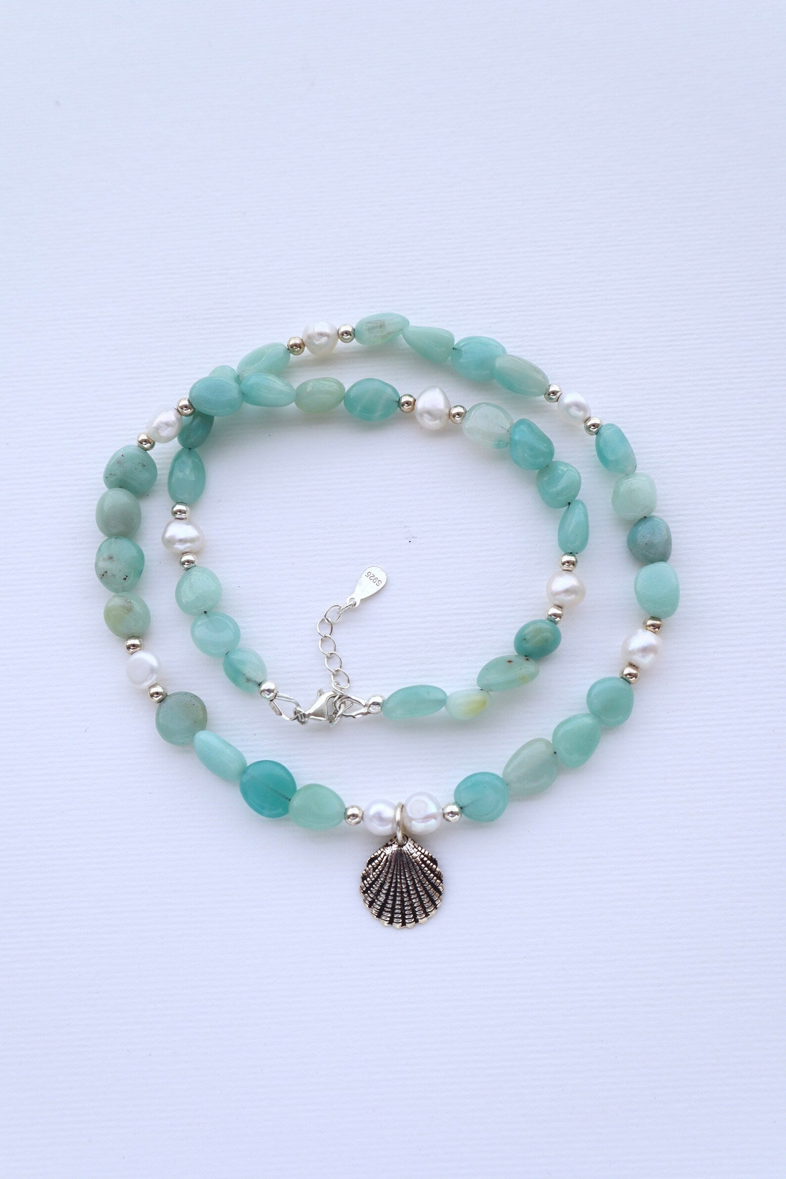 Amazonite Necklace | 925 Sterling Silver | Freshwater Pearl Shell | Pendant - Nalika Jewelry