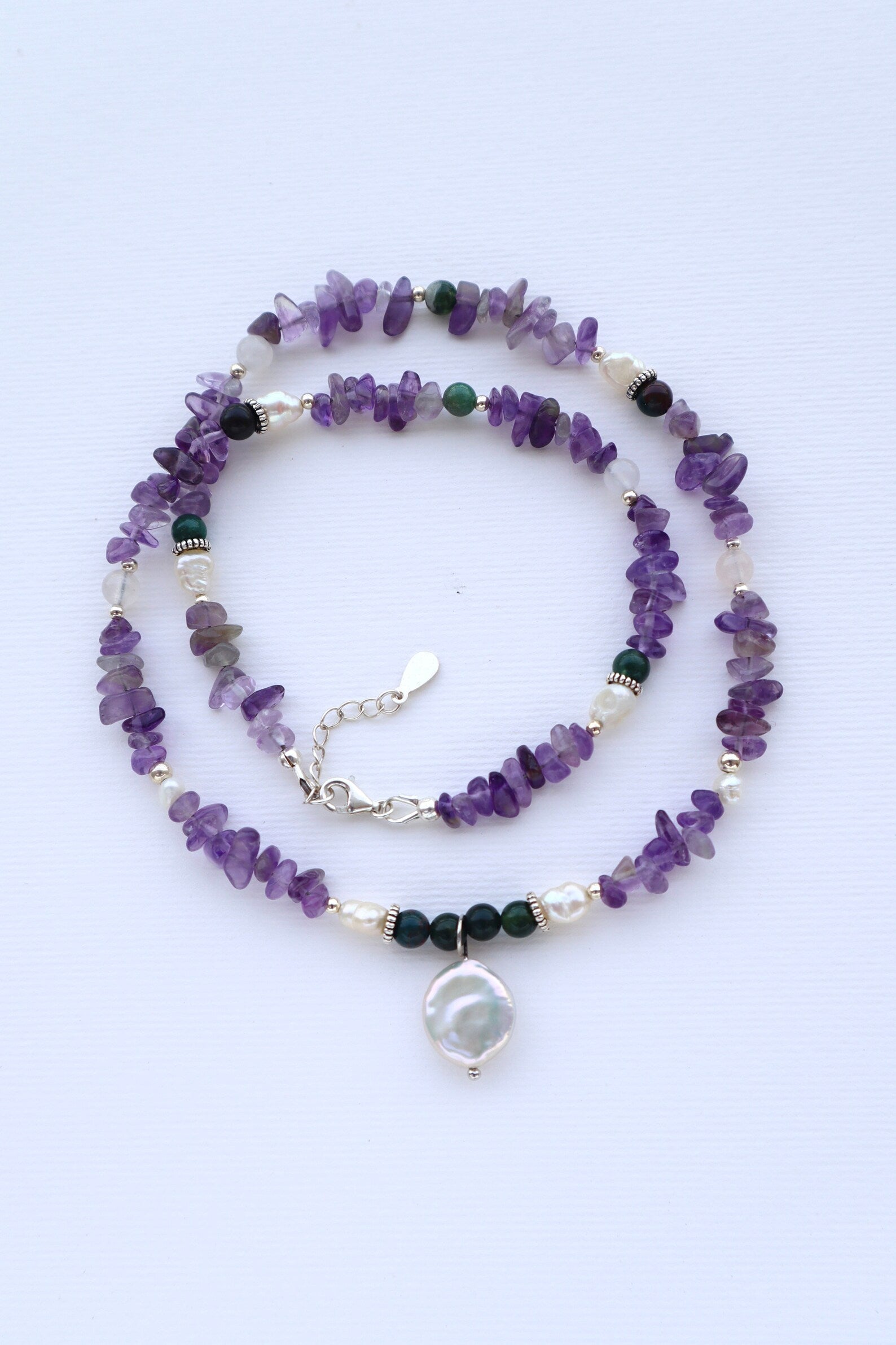 Amethyst & Indian Agate Necklace | Freshwater Pearls | 925 Sterling Silver | Gemstone Jewelry - Nalika Jewelry