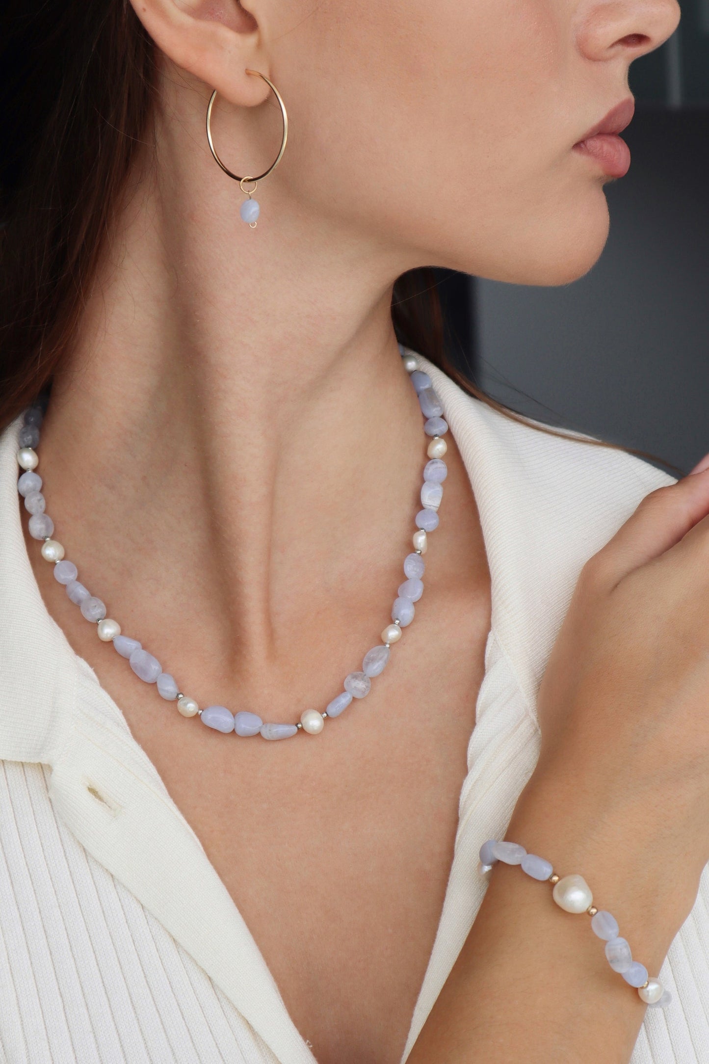 Blue Lace Agate Bracelet | 14k gold-filled | Freshwater Pearl - Nalika Jewelry