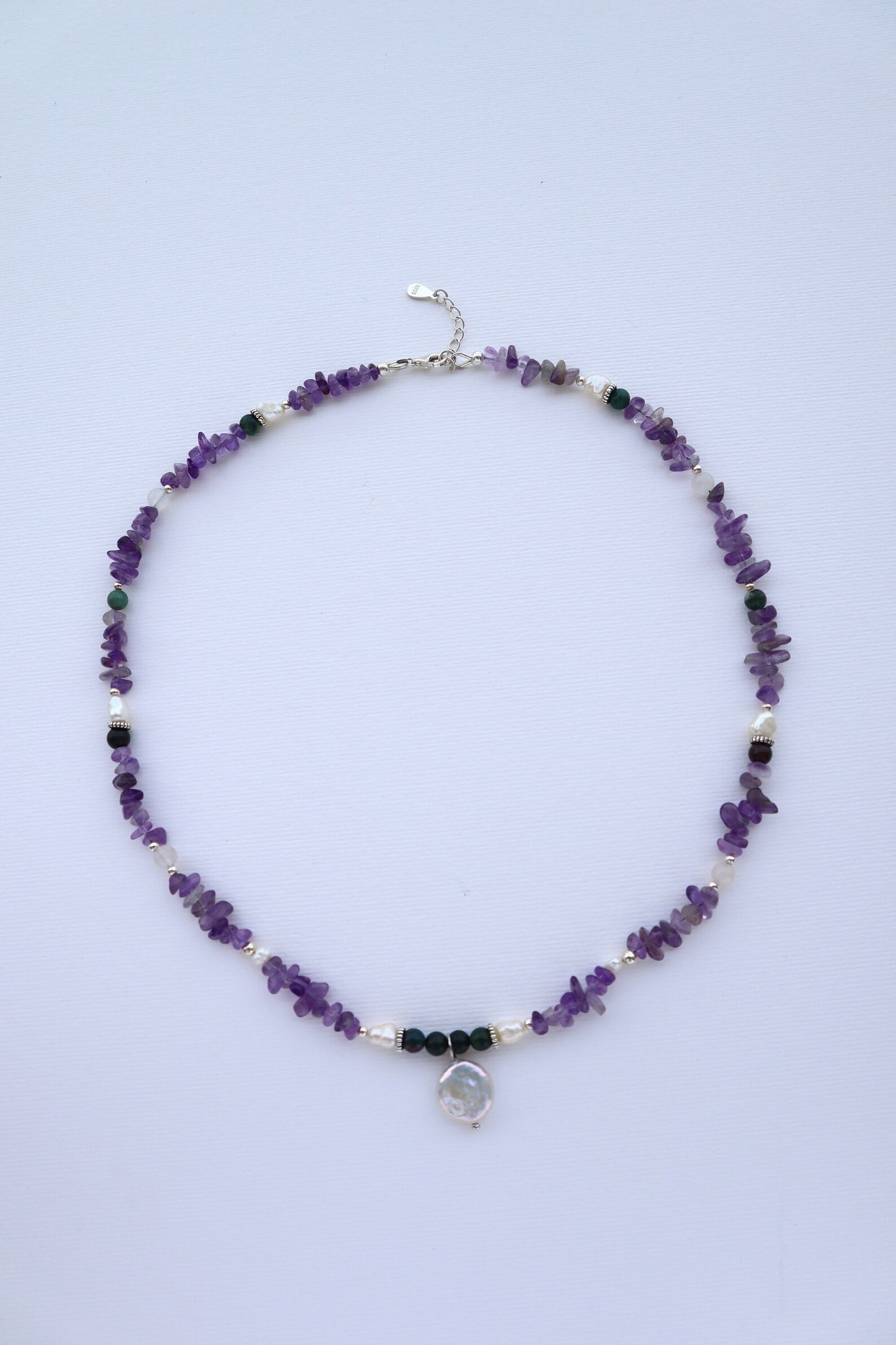 Amethyst & Indian Agate Necklace | Freshwater Pearls | 925 Sterling Silver | Gemstone Jewelry - Nalika Jewelry