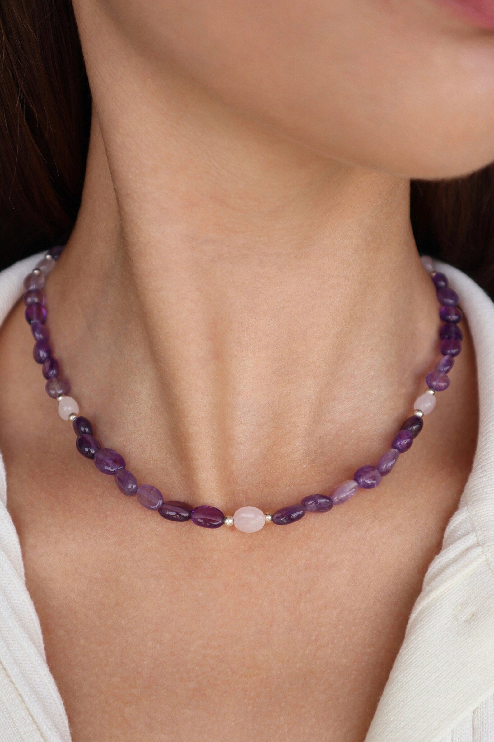 Amethyst & Rose Quartz Necklace | 925 Sterling Silver - Nalika Jewelry