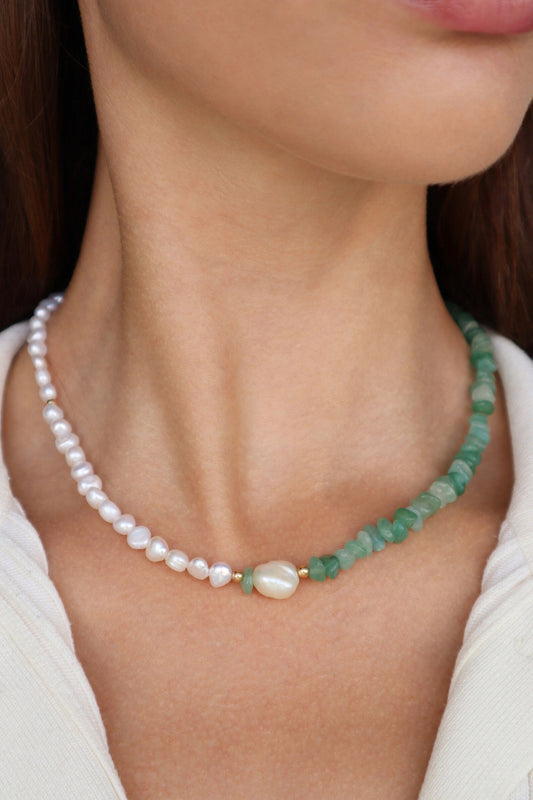 Green Aventurine Necklace | Freshwater Pearl | 14K Gold-Filled - Nalika Jewelry