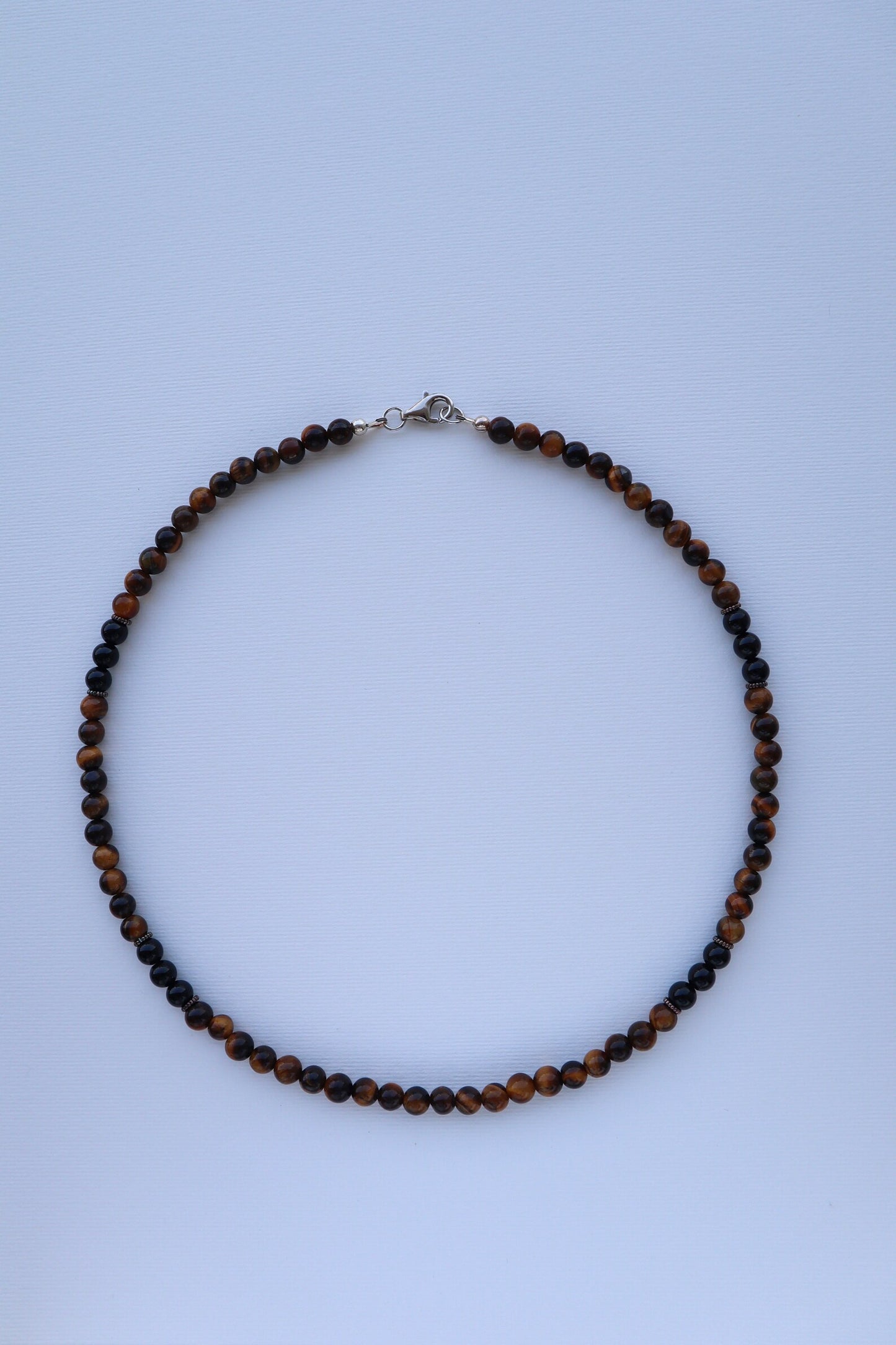 Mens Tiger’s Eye & shiny Onyx beaded Necklace | 925 Sterling Silver - Nalika Jewelry