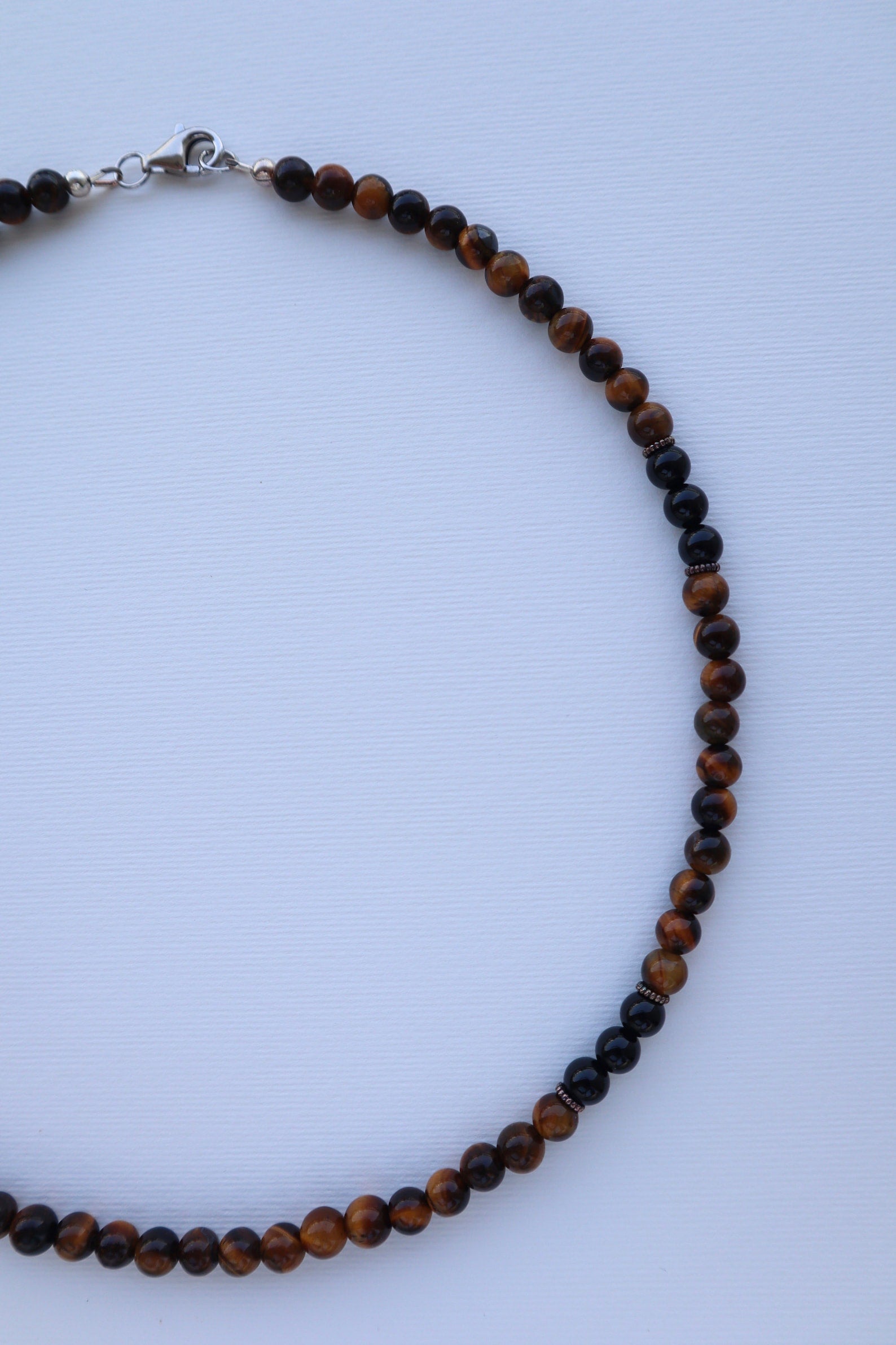 Mens Tiger’s Eye & shiny Onyx beaded Necklace | 925 Sterling Silver - Nalika Jewelry