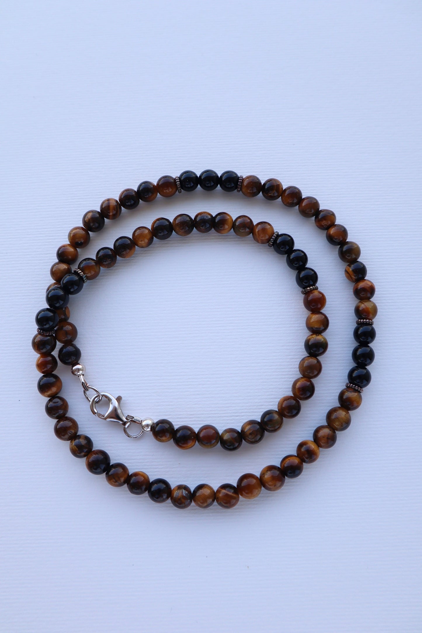 Mens Tiger’s Eye & shiny Onyx beaded Necklace | 925 Sterling Silver - Nalika Jewelry