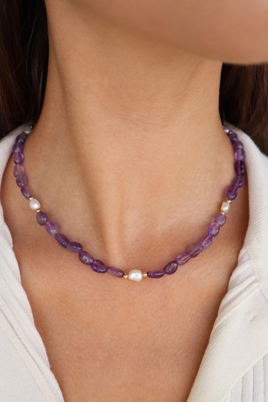 Amethyst & Freshwater Pearls Necklace | 14K Gold-Filled - Nalika Jewelry